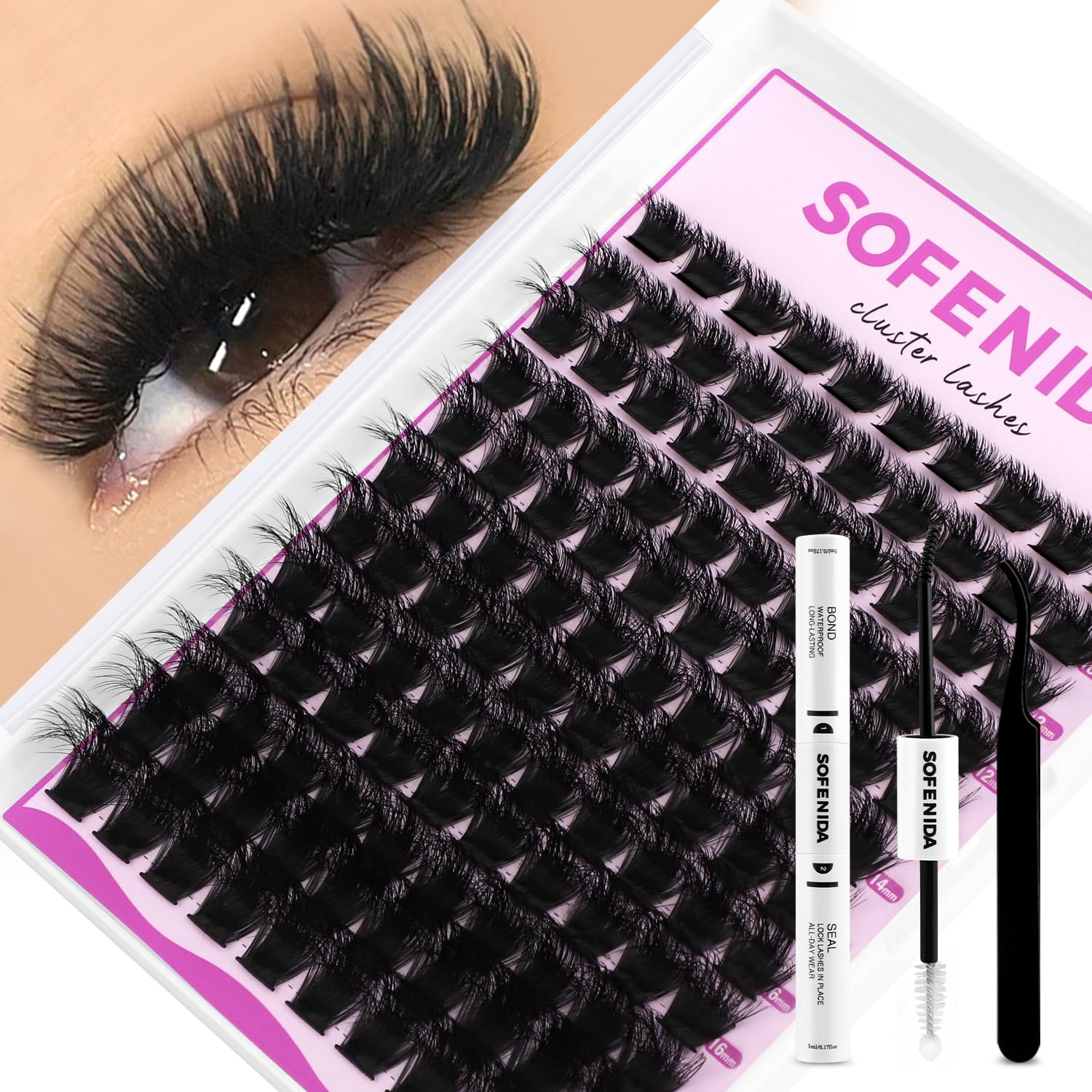 SOFENIDA Lash Clusters Kit Thick 200D Lash Extension Kit 10-18mm Volume Cluster Lashes D Curvature Cluster Eyelash Extensions DIY Lash Extension kit