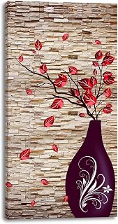 Canvas Wall Art for The End of Corridor, PIY Vertical Red Leaves Vase Picture Prints with Brick Background, Modern Artwork Aisle Decor Color Prints