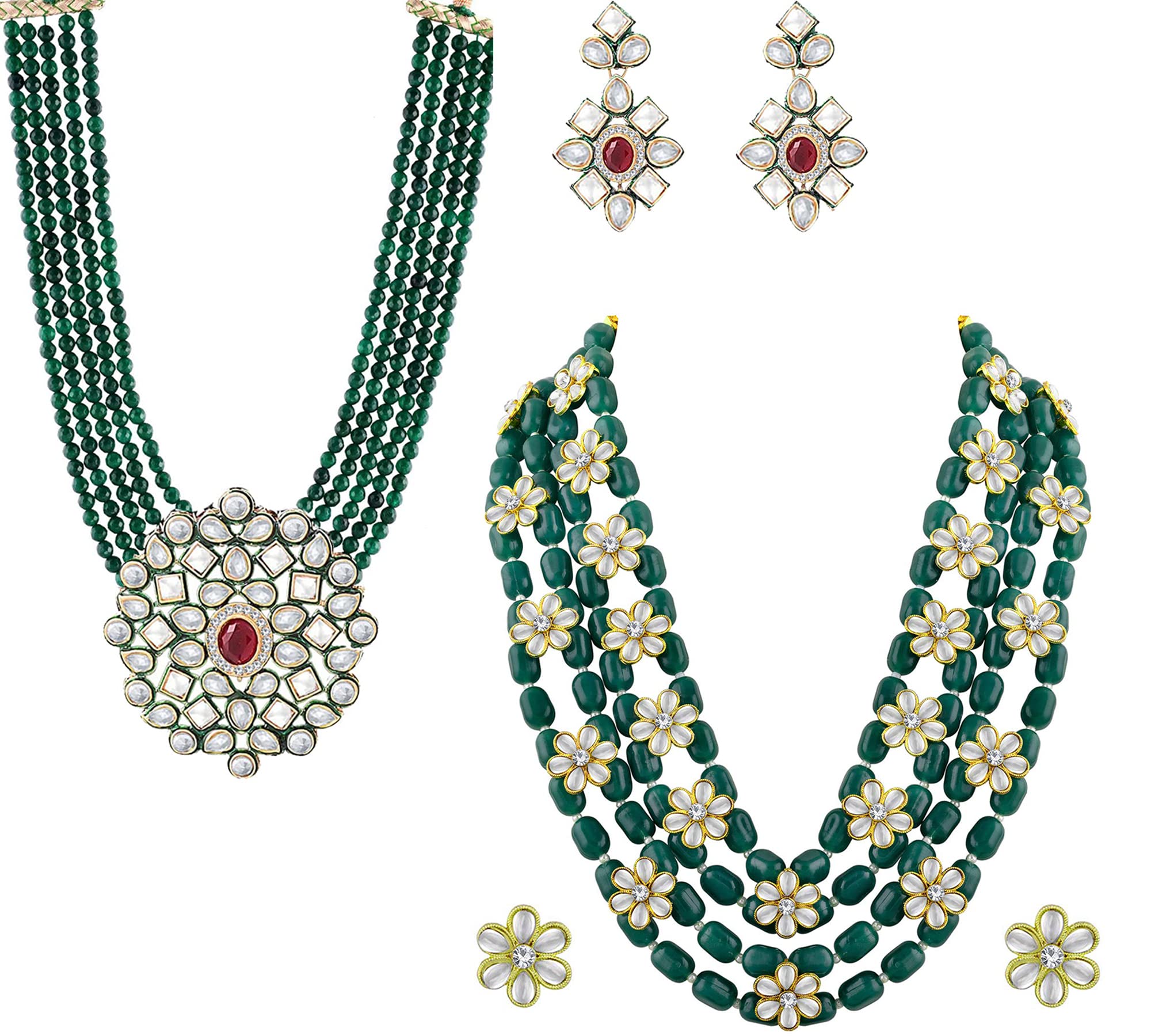 okos Gold Plated Traditional Ethnic Green Beads Set of 2 Multilayer Alloy Necklace Set Combo With White Kundan Stones For Girls and Women CO1000429-picture-30