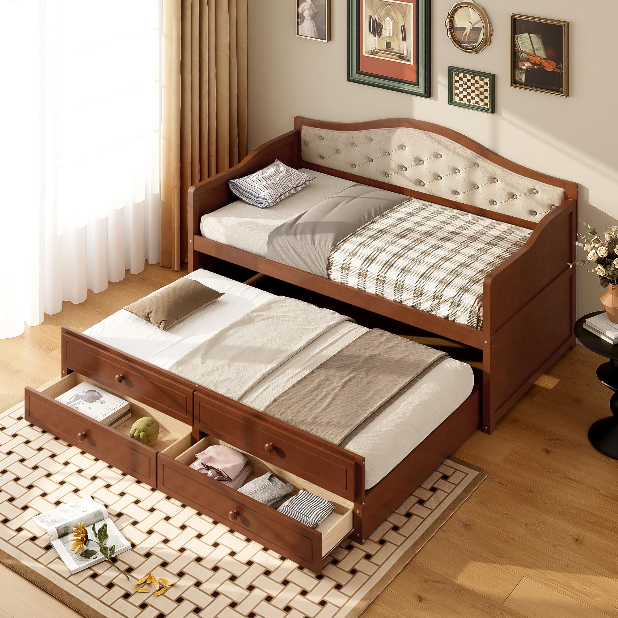 GM Ultra Twin Size Wooden Daybed with Trundle & Storage Drawers, Walnut