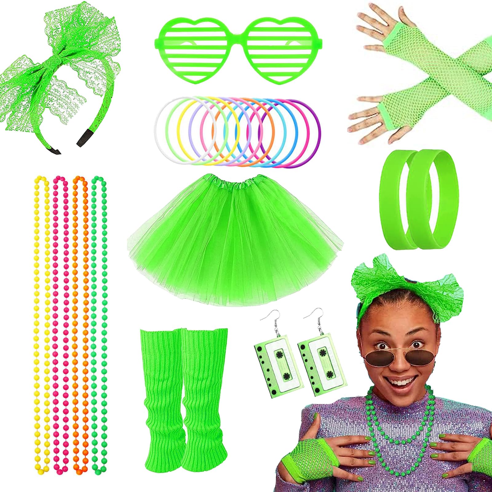 80s Fancy Dress Costume Accessories Se for Women Girls Rainbow Tutu Skirt Leg Warmers Fishnet Gloves Glasses Earrings Bracelet Necklace Headband, Retro Outfit for 80s Party, Dress up Day