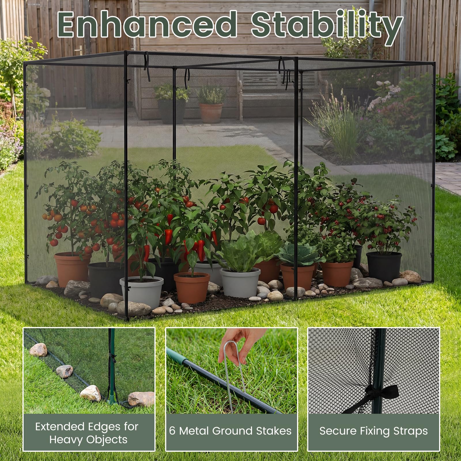 HOMASIS Pflanzenschutzzelt, Insektenschutznetz mit Metallrahmen, Gartennetz mit Tragetasche & Rolltor, Pflanzenschutzkäfig mit Metallheringen, Pflanzenzelt für Garten & Terrasse, 310x200x200cm