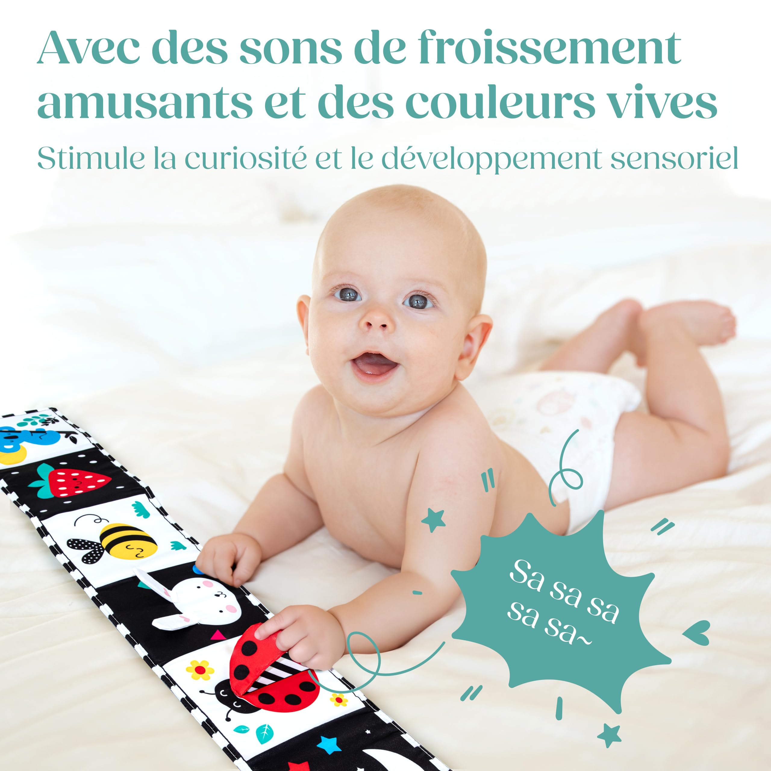 WELLODE Livre Tissu Bébé Eveil 0 3 6 12 Mois - Livre Noir et Blanc Bébé Montessori - Livre Sensoriel Bébé Naissance - Jeux Eveil Bebe 0 3 6 Mois - Tummy Time Bébé - Cadeau Parfait pour Bébé