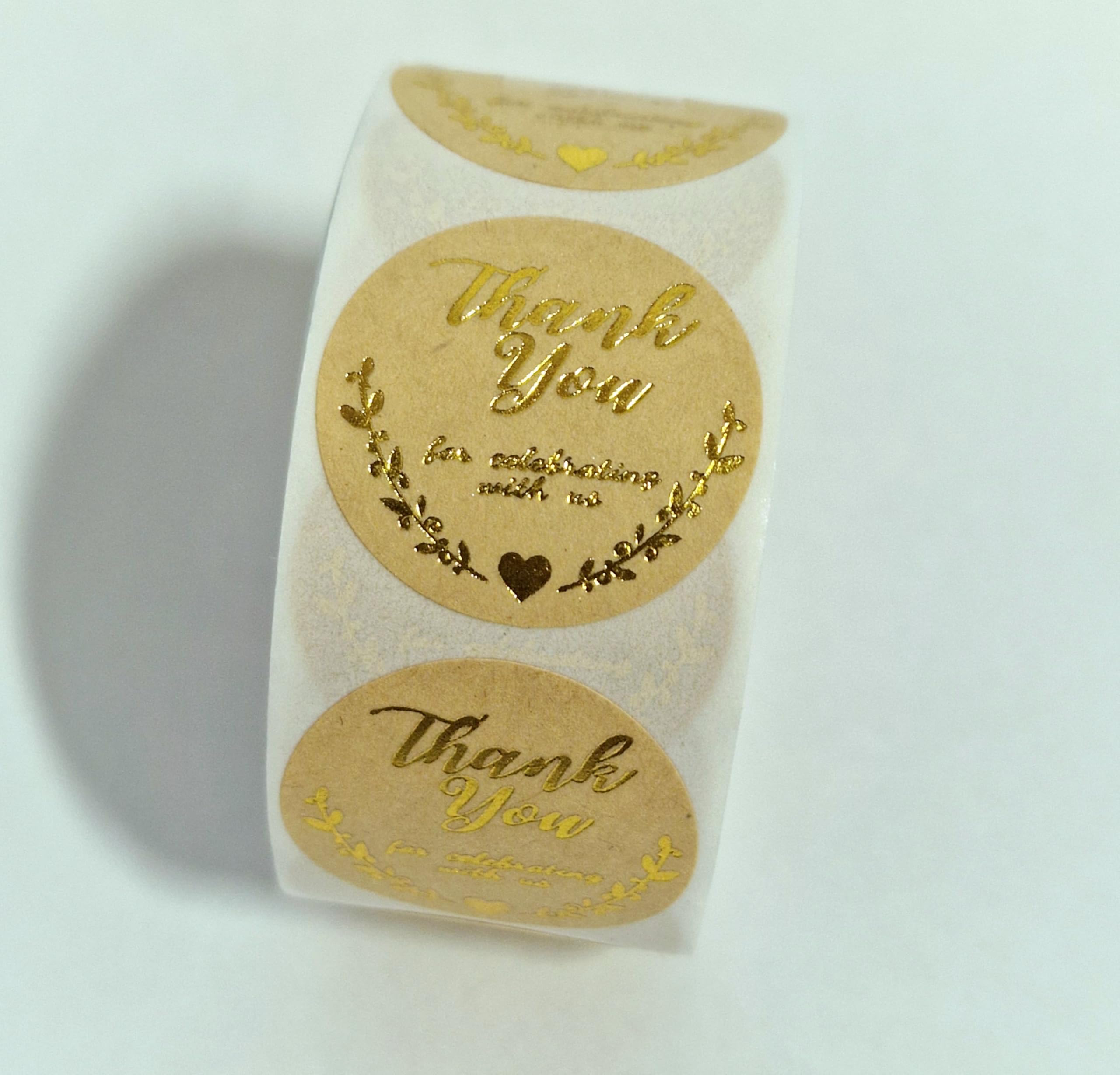 MajorCrafts 500 Labels per roll 2.5cm 1" Wide Brown & Gold 'Thank You for Celebrating with Us' Printed Round Sticker Labels V011 - Image 2
