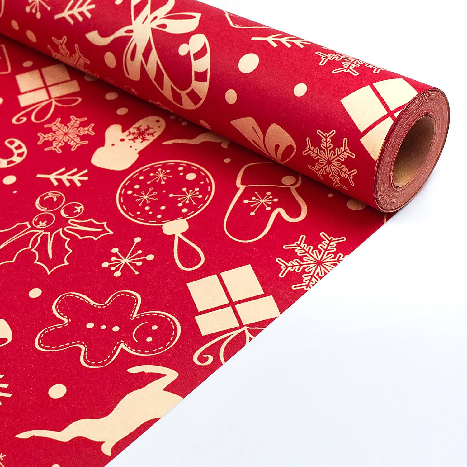 43cm *15m Christmas Wrapping Paper Roll, Recyclable Red Kraft Gift Wrapping Paper for Xmas Party Gifts, Birthday, Present Decorations
