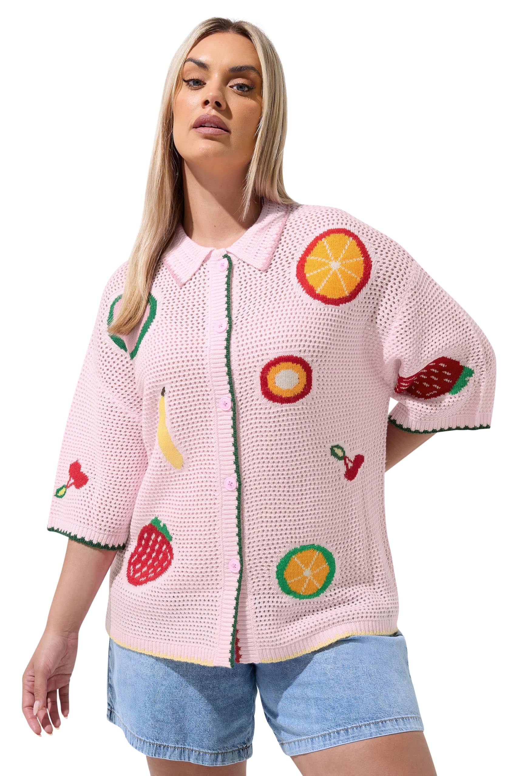 Yours Limited Collection Curve Pink Fruit Knitted Shirt - Women's - Plus Size Curve