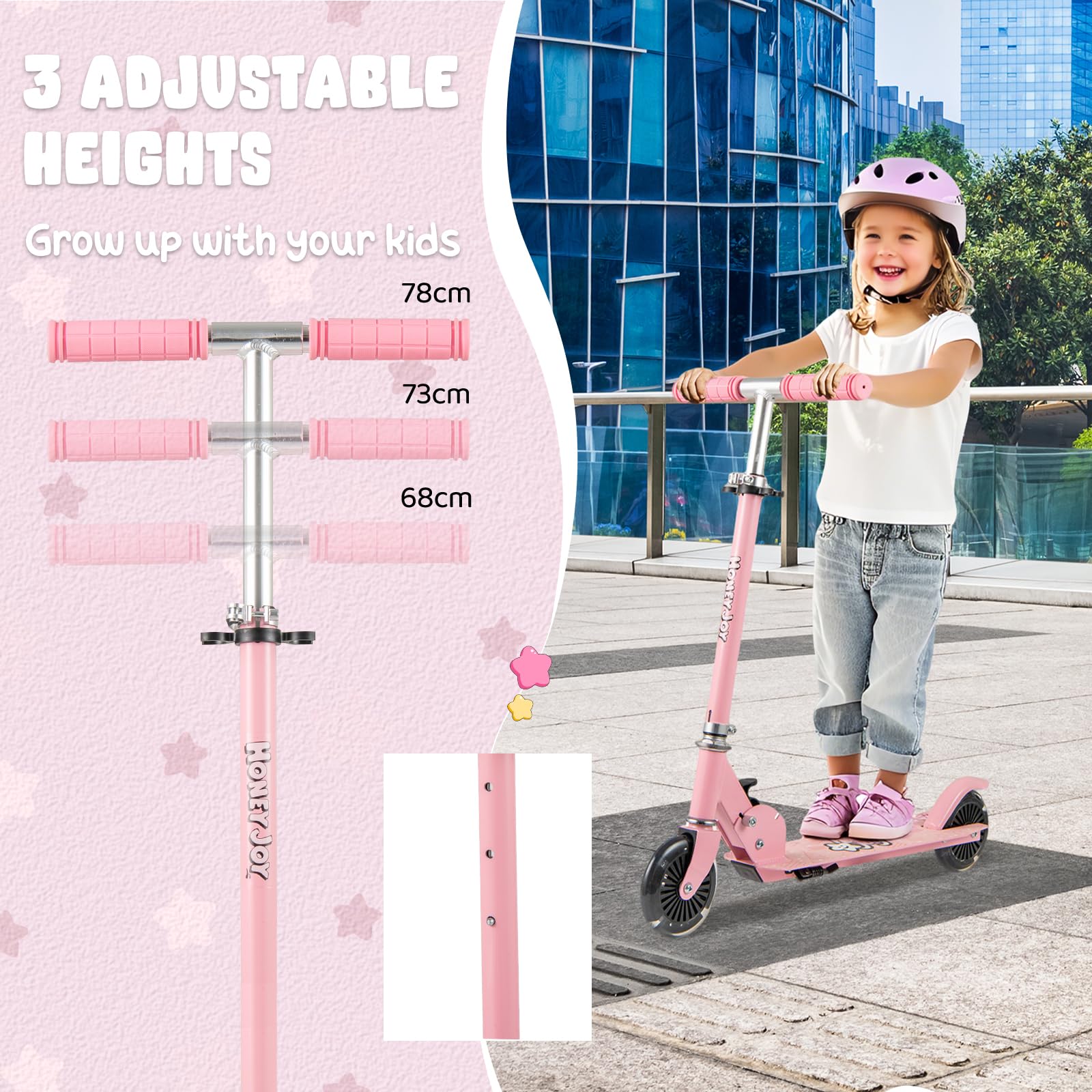 KOMFOTTEU Monopattino per bambini con 2 ruote a LED e freni, skateboard pieghevole con 3 altezze regolabili, in alluminio con carico 50 kg, per bambini