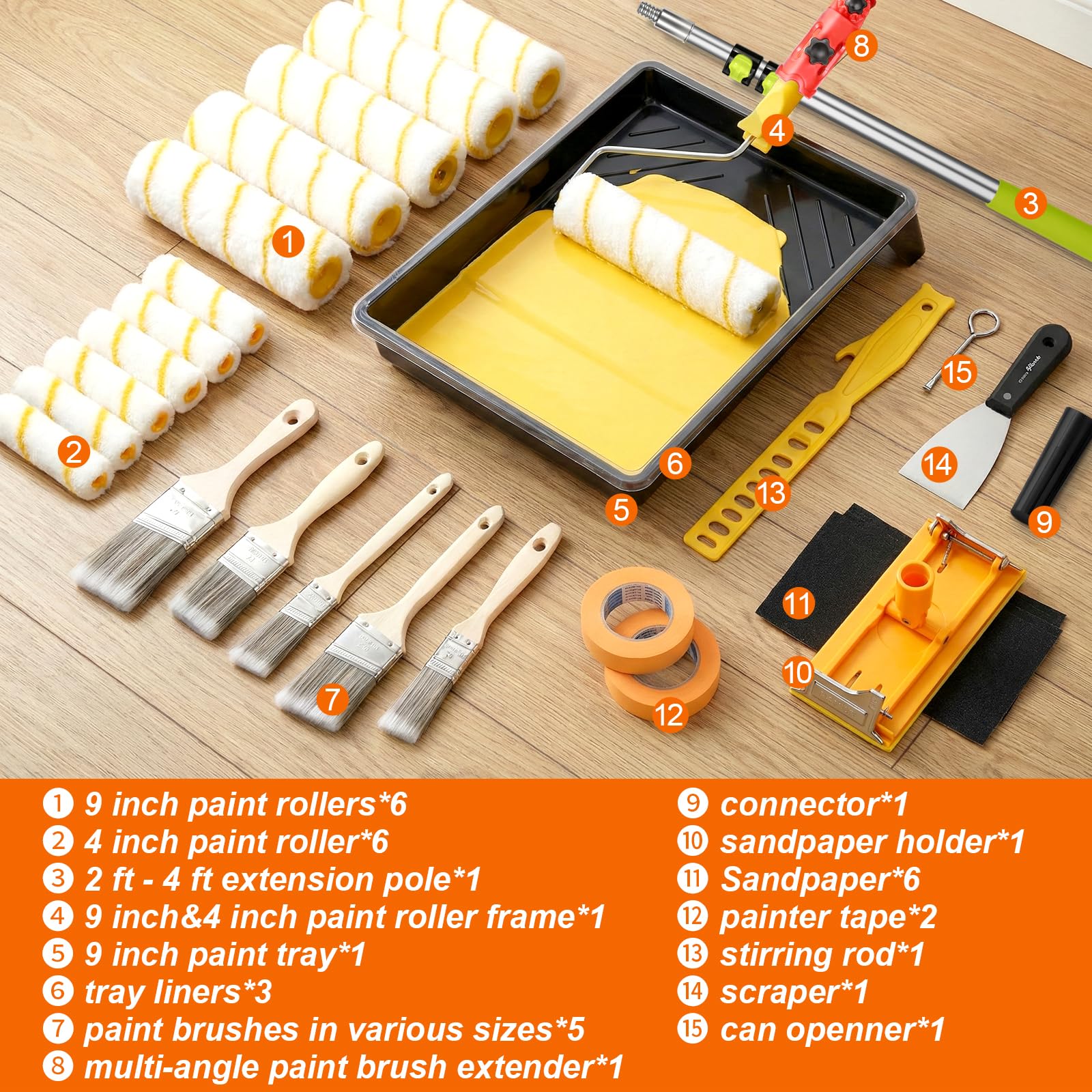 Farbroller-Set mit Verlängerungsstange, 10,2 cm bis 22,9 cm, Pinselverlängerung, Schleifpapierhalter, Pinsel für Wände, Hausfarbe für alle Latex- und Ölfarben, 38-teiliges Set