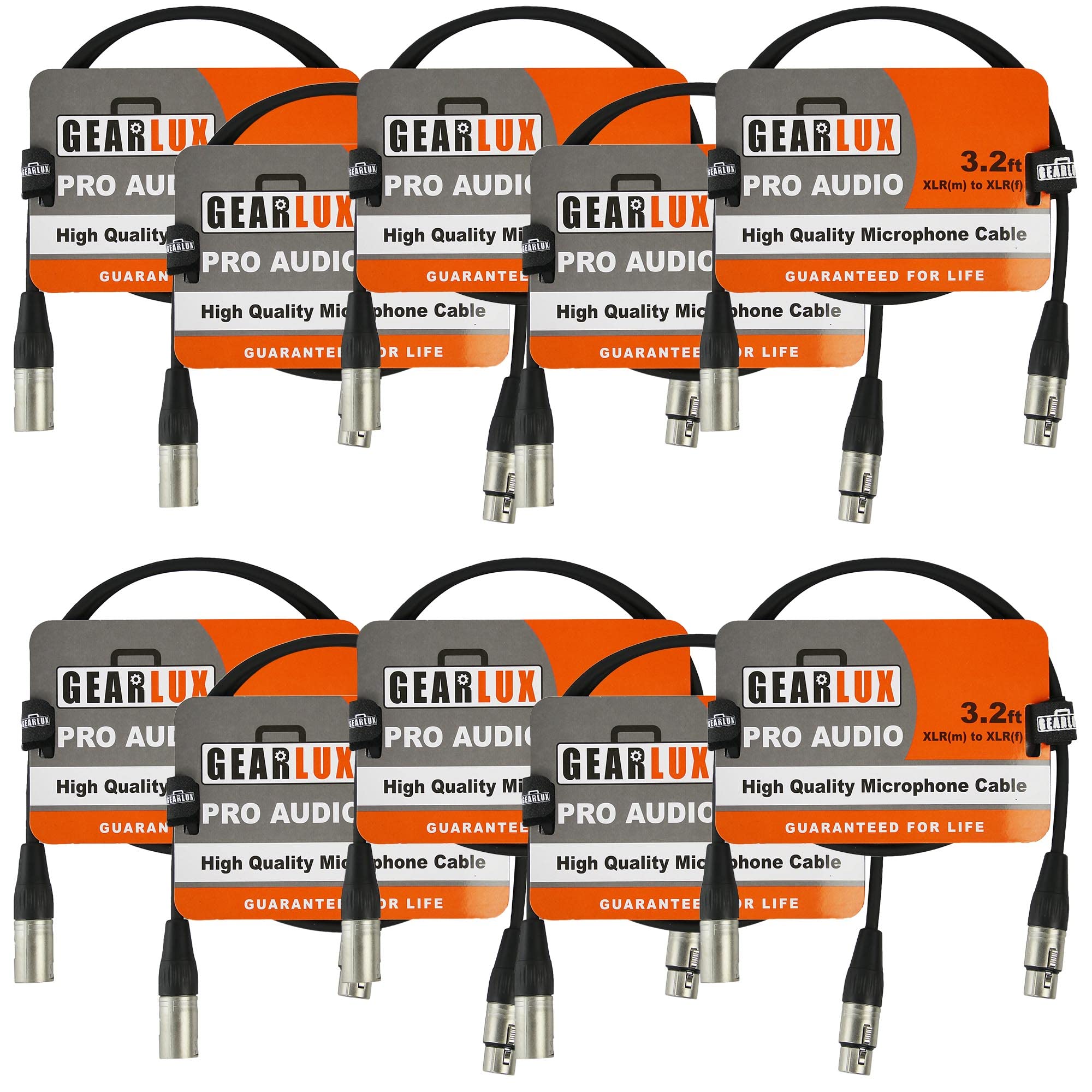 Gearlux XLR Microphone Cable, Fully Balanced, Male to Female, 3.2 Feet - 10 Pack