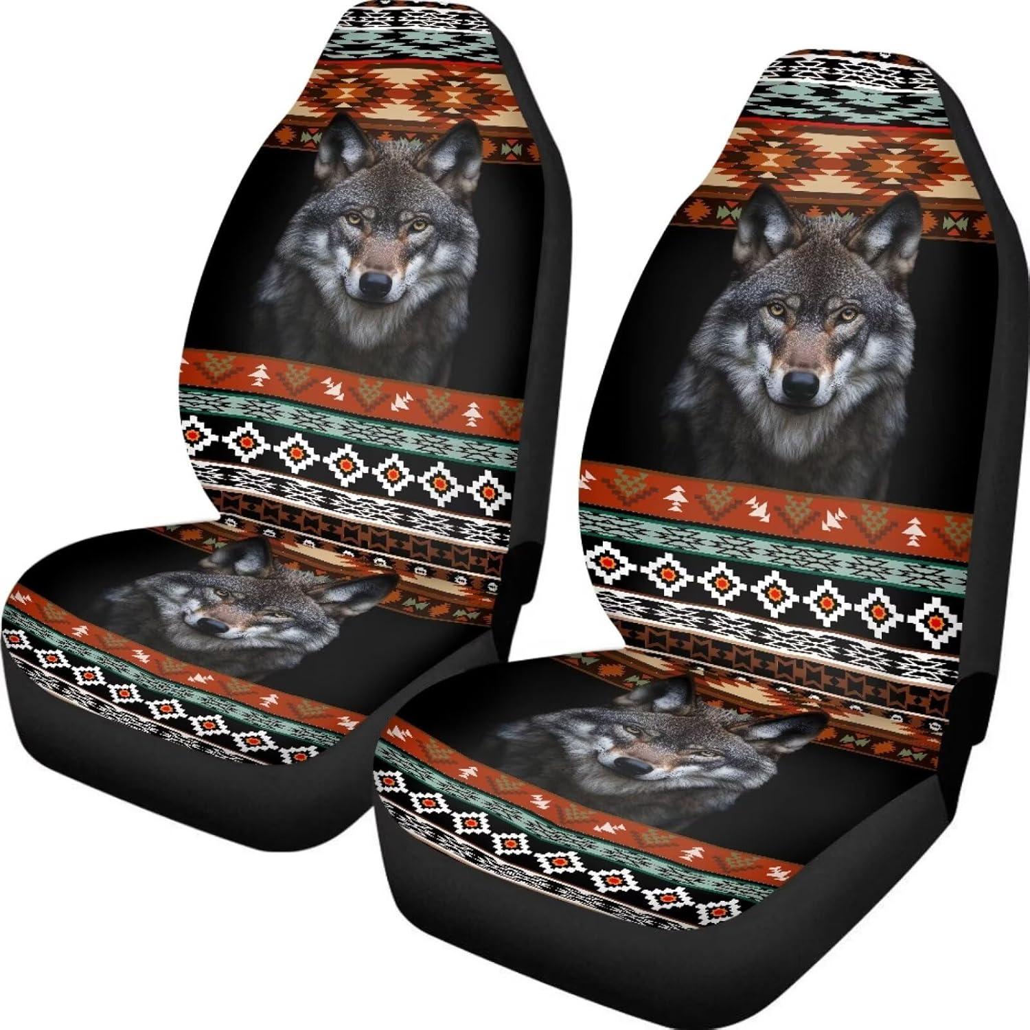 Aztec Wolf Print Car Seat Cover for Men,Universal Front Seats Protector Fit for Most Cars,SUVs,Sedans,Trucks or Van