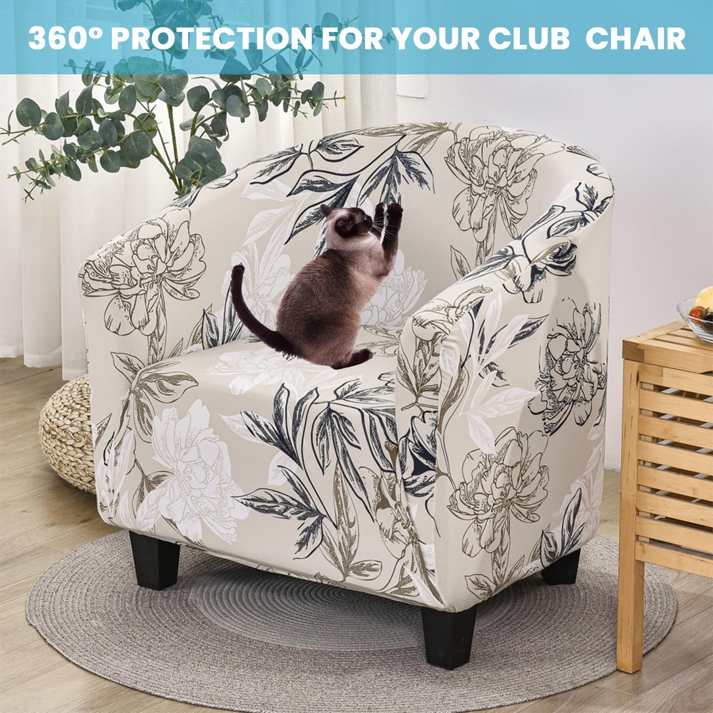 Highdi 2 Pezzi Copripoltrona 1 Posto Chesterfield Elasticizzato, Poltrona Club da Cocktail Rimovibile Tub Chair Copripoltrona per Camera da Letto Reception Bar - Stampa Foglia (Fiore Primaverile