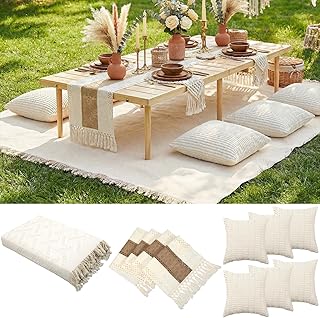 Extra Large Outdoor Boho Picnic Blanket 91'' x 71'' Cream White Table Ru...