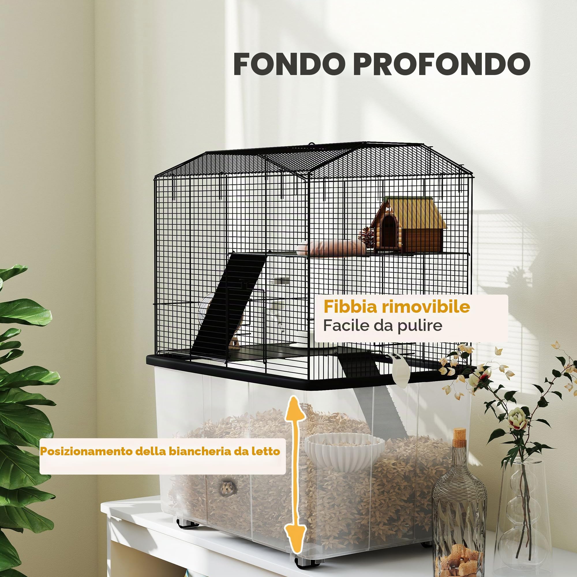 PawHut Gabbia per criceti, gabbia per roditori, 3 piani, con rotelle, 2 piattaforme e 2 scalette, in filo d'acciaio, 57 x 43 x 74 cm, nera