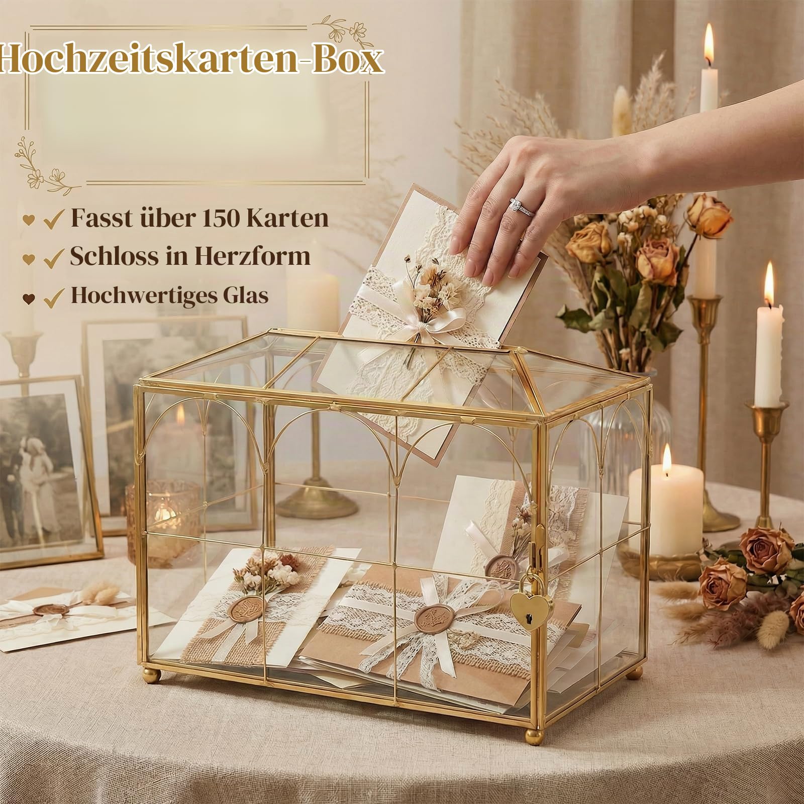 Kartenbox Hochzeit Glas Gold mit Herzschloss Schlüssel Deko | Große Transparente Glasbox für Geldgeschenke Briefe Geburtstag Feiern Postbox Vintage Messing Behaelter 26x15x21 cm Schatulle