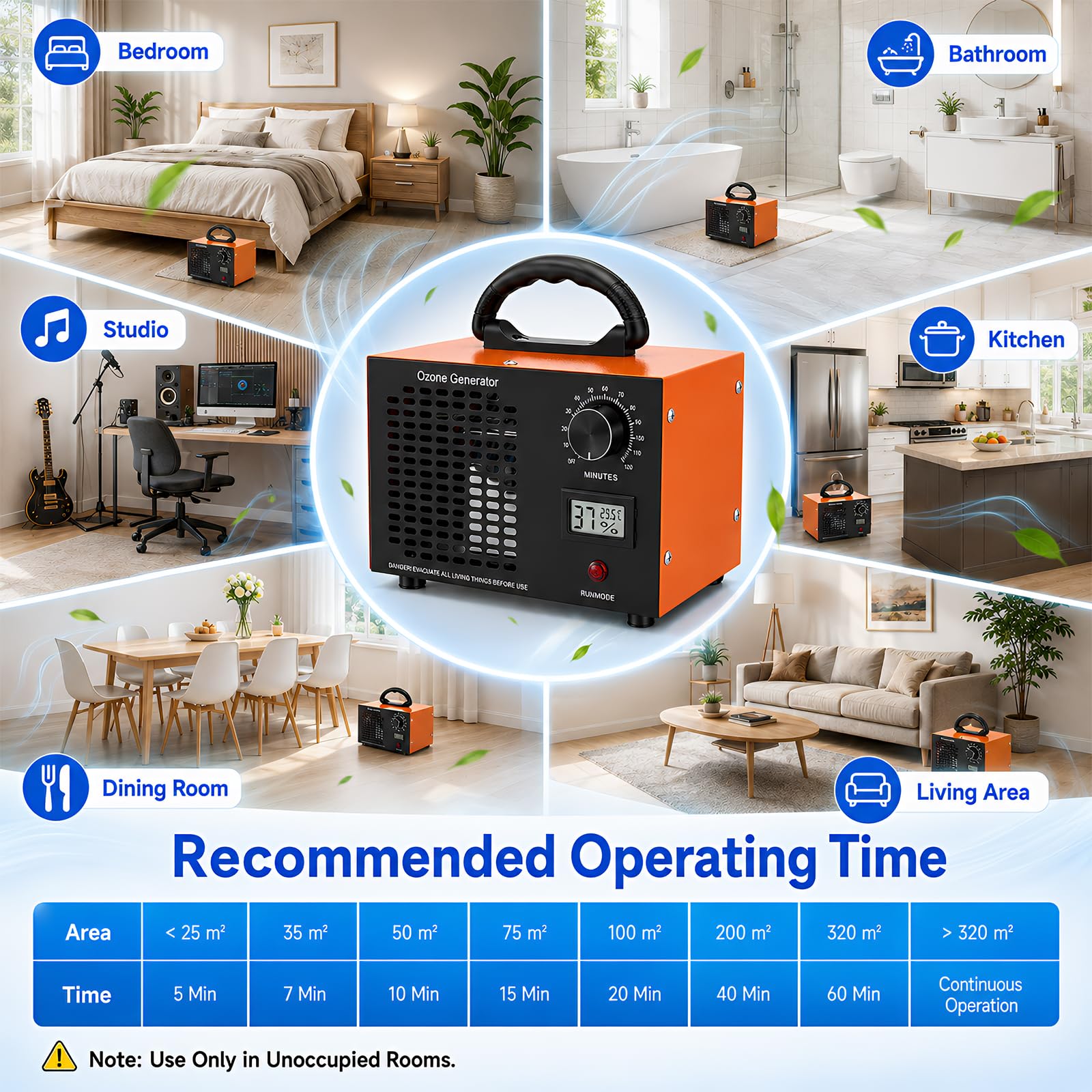 Generador Ozono 60000mg/h, Hasta 320m², con Pantalla y Temporizador 120min
