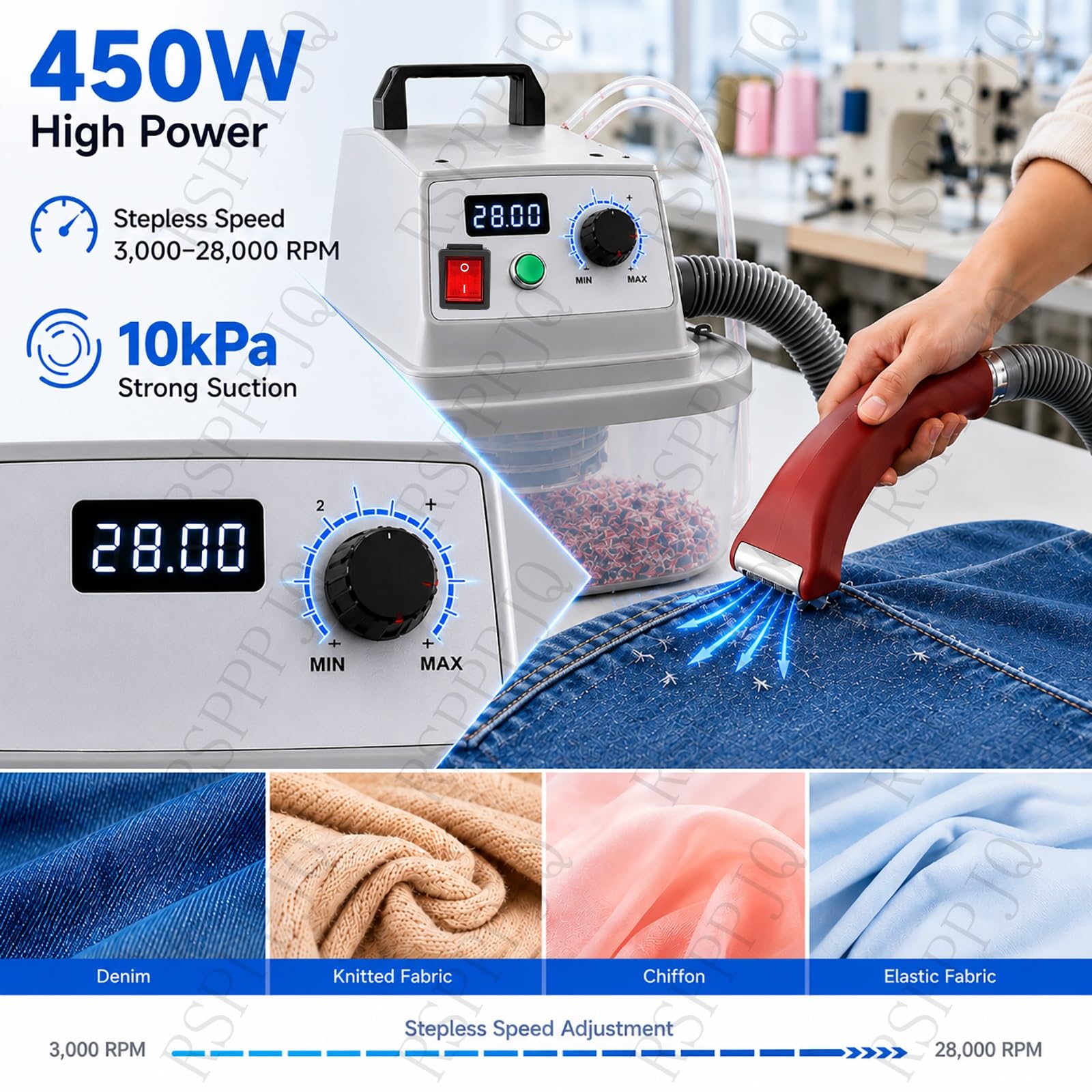 Recortadora eléctrica con succión y corte de rosca, contenedor de almacenamiento de 30 L, velocidad de 28.000 rpm, máquina de corte de hilo de tela de un solo cabezal para una limpieza eficiente