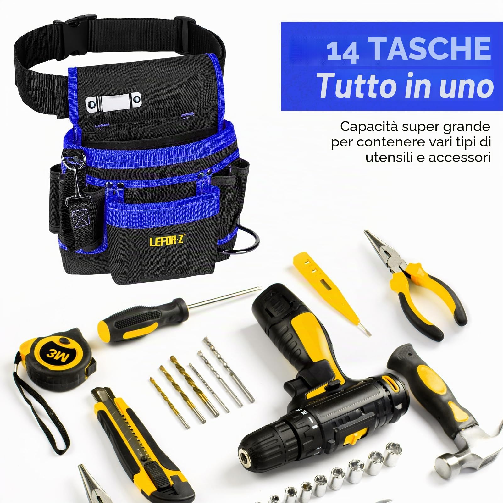 Cintura Porta Attrezzi,Magnetiche Cintura Attrezzi con 14 Tasche,Regolabili Staccabili Cintura Elettricista,Cintura Attrezzi Lavoro per Elettricista,Falegname,Edilizia,Nero-Blu