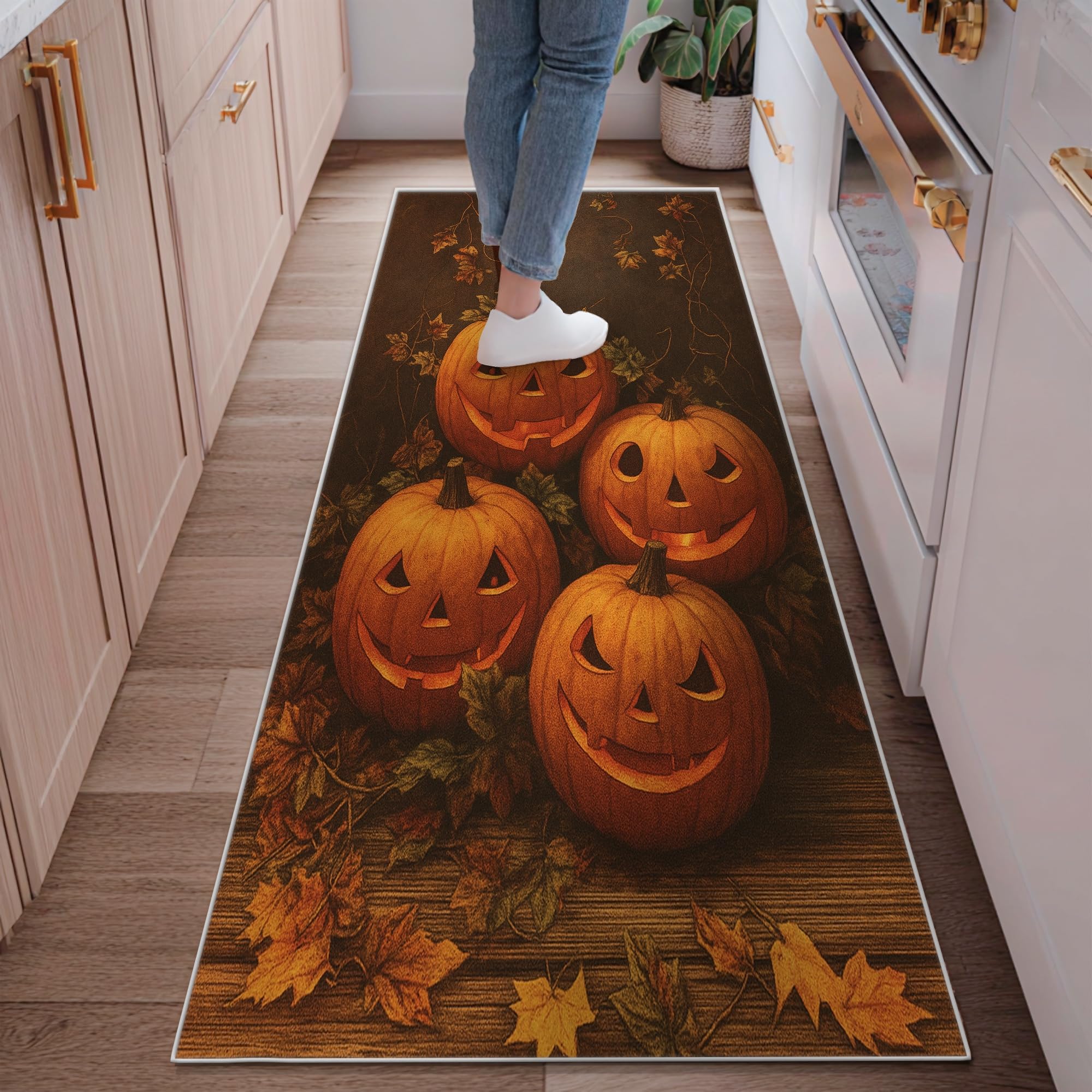Tapis de couloir citrouille haut de gamme : motif feuilles de vigne pour intérieur