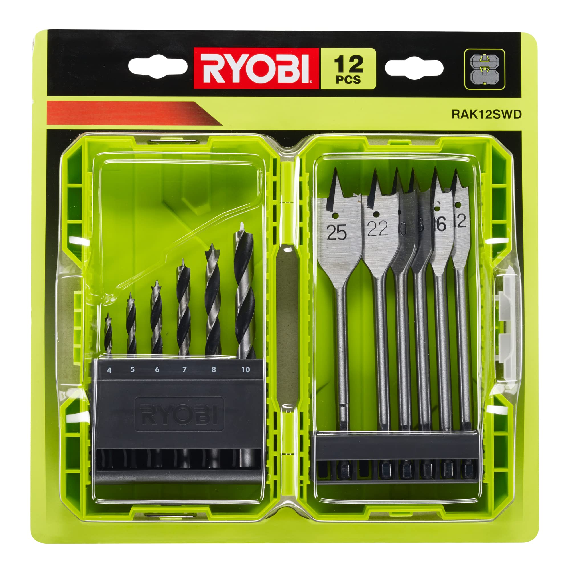 RYOBI-Caja empilable perforación madera 12 Accesórios (6 brocas + 6 pala)