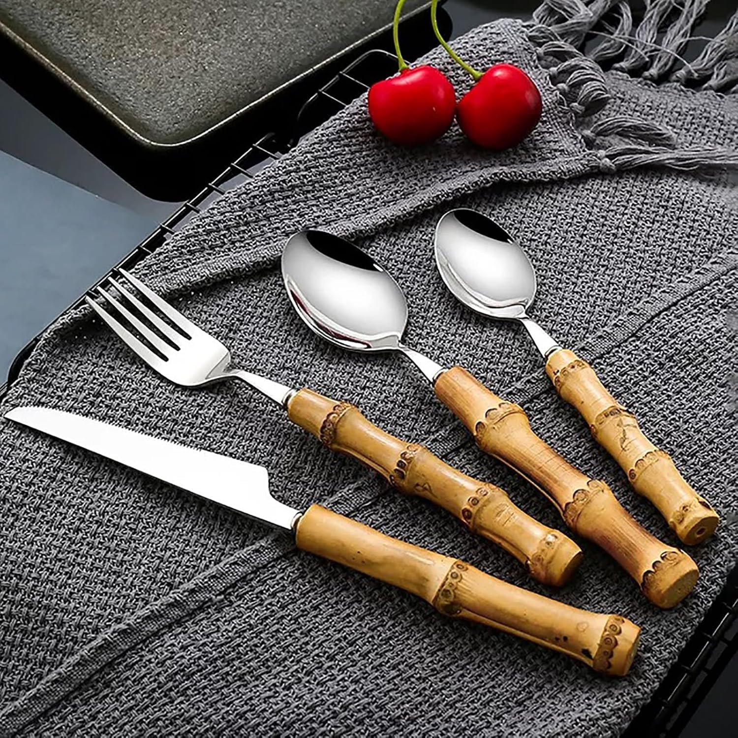 Set di Posate in bambù da 30 Pezzi per 6 Persone, riutilizzabili, in Acciaio Inossidabile, con forchette, cucchiai e coltelli. (60pcs)