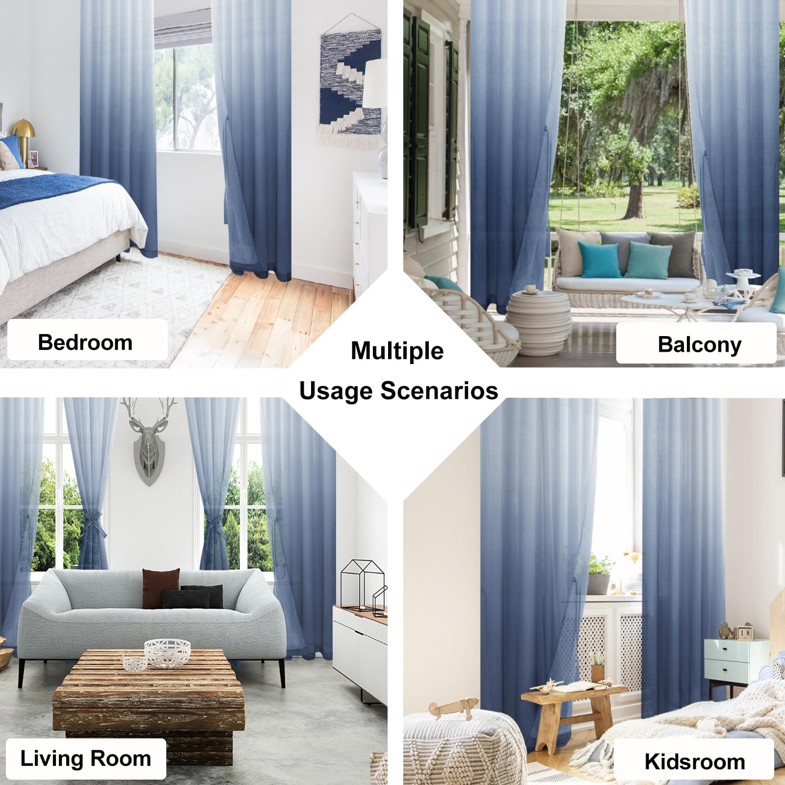 Lot de 2 voilages dégradés ombrés pour chambre à coucher et salon - Rideaux à passants 225 x 140 cm Bleu denim