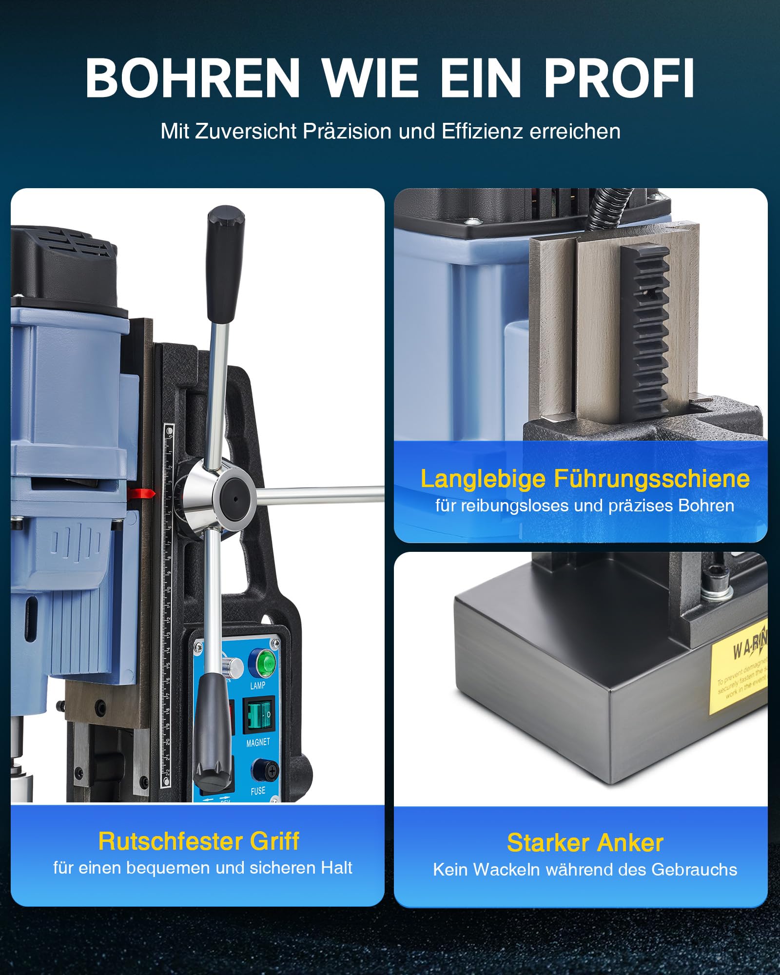 ZELCAN Magnetbohrmaschine, 1550W Standbohrer, 13900N Anpresskraft, 650 U/min, 50mm Bohrtiefe. Lieferung mit 11 HSS-Bohrern 12–27mm und Drehzahlregelung für gewerbliche Metallbearbeitung
