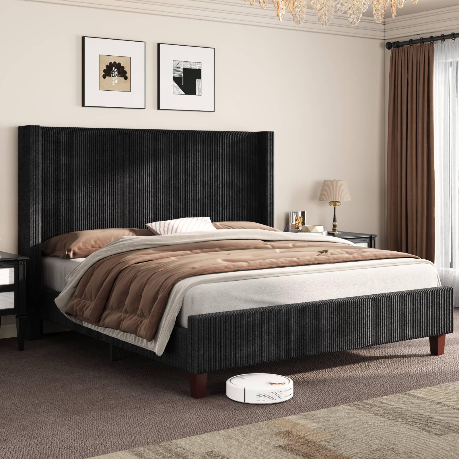 AMERLIFE California King Size Upholstered Bed Frame with 50 8 Tall Headboard Wingback Platform Bed with Solid Wood