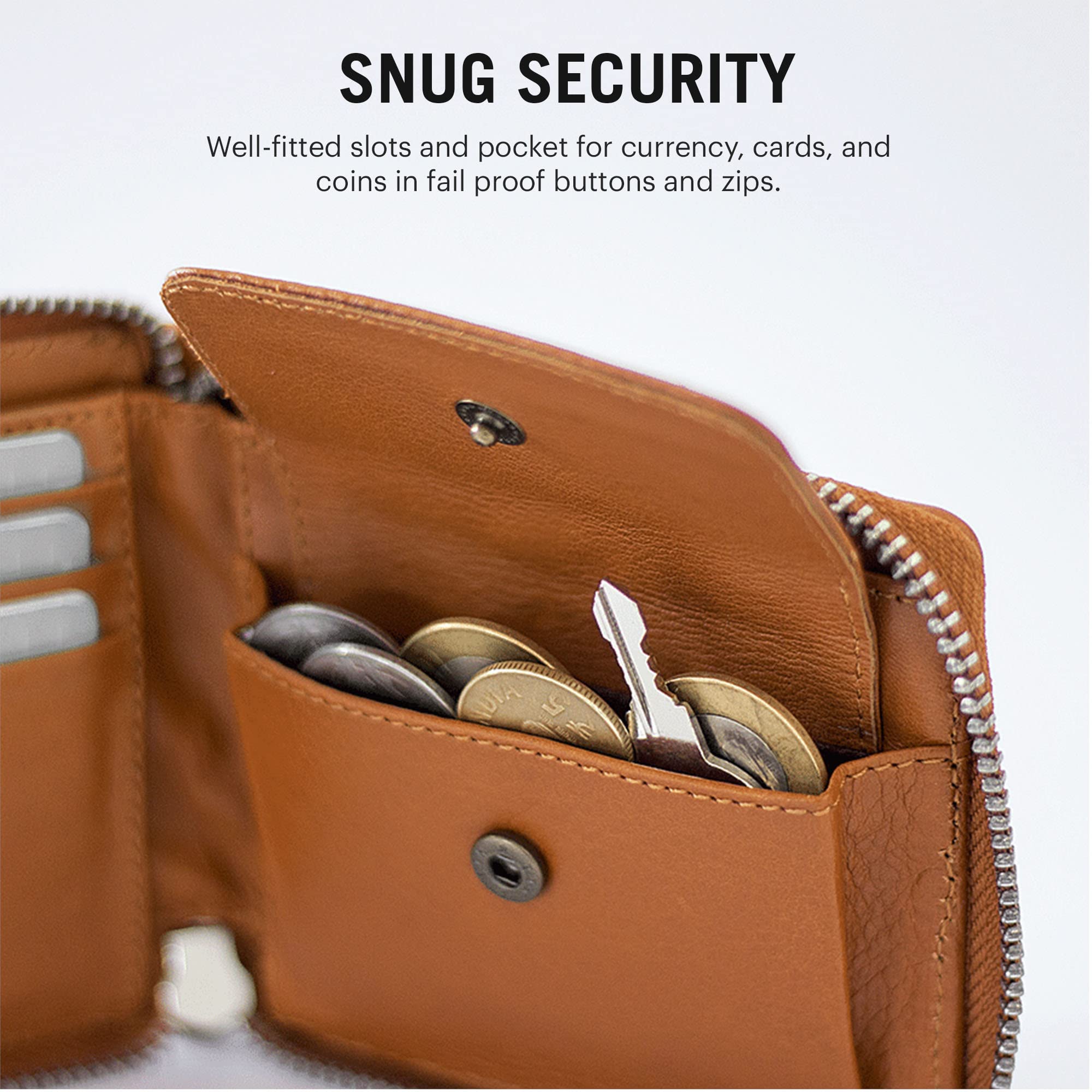 DailyObjects Tan Women's Zip Wallet | Made with Leather Material | Carefully Handcrafted | Holds up to 8 Cards | Slim and Easy to Fit in Pocket | Coin Pocket with Button Closure 3