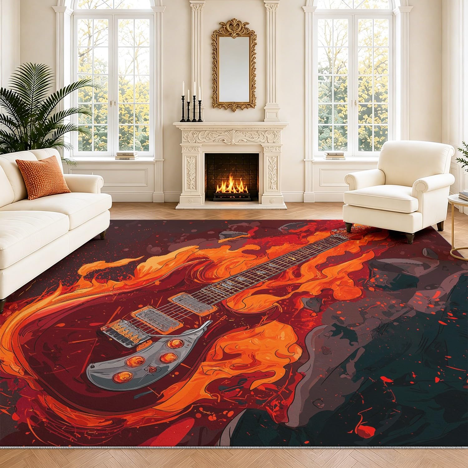 Générique Tappeto lavabile in lavatrice, soggiorno, 140 x 200 cm, tappeto rock musica a pelo basso, morbido, antiscivolo, esplosivo, chitarra, fiamme, camera da letto, cucina, ingresso sala relax