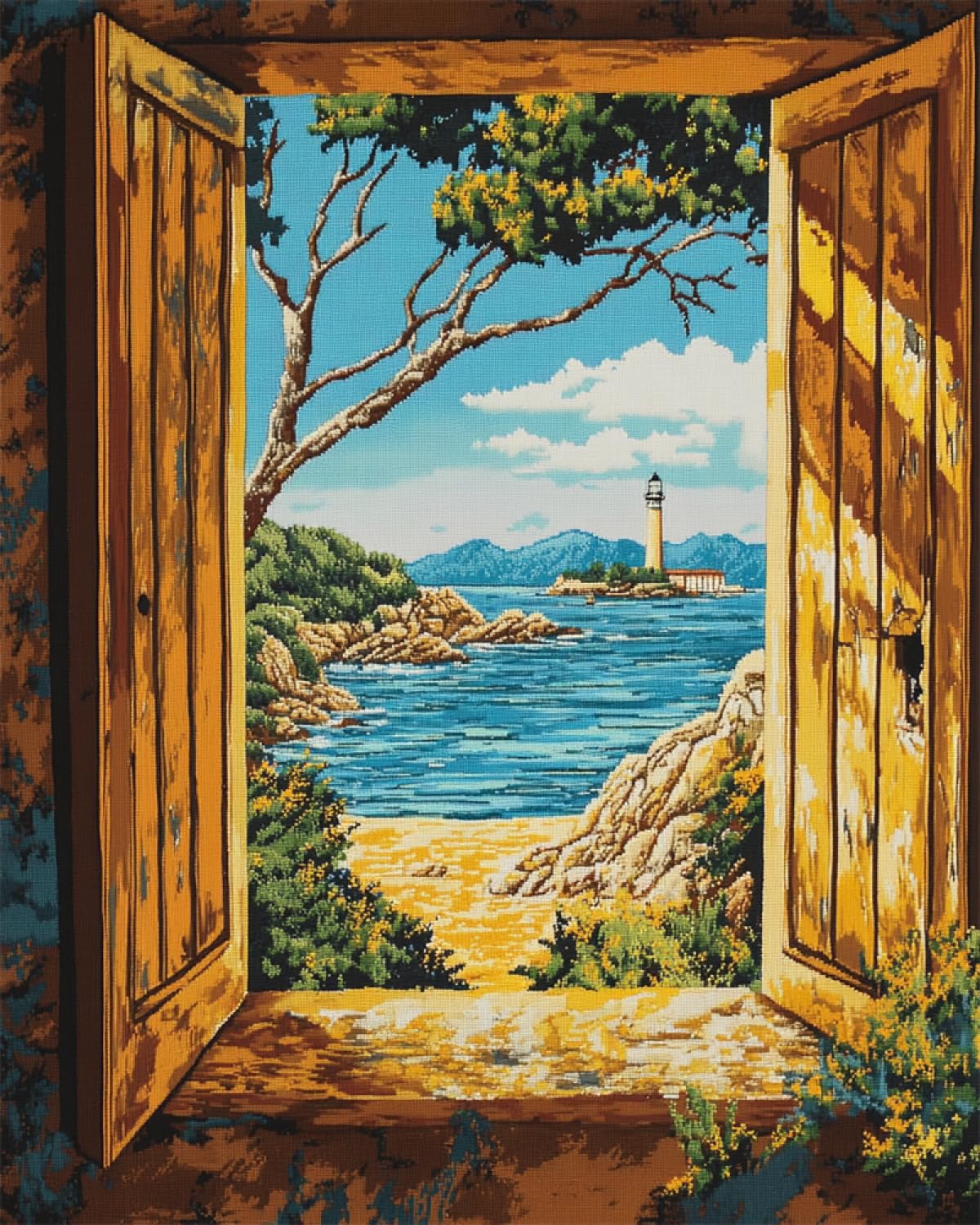 9CT Diy Juego De Bordado Con Cuentas Faro De Playa Fuera De La Puerta,Cuentas De Bordado,Fantasía,Paisaje Marino,Kit De Manualidades Con Cuentas Para Principiantes,Juego De Costura,Patrón D 60x80cm