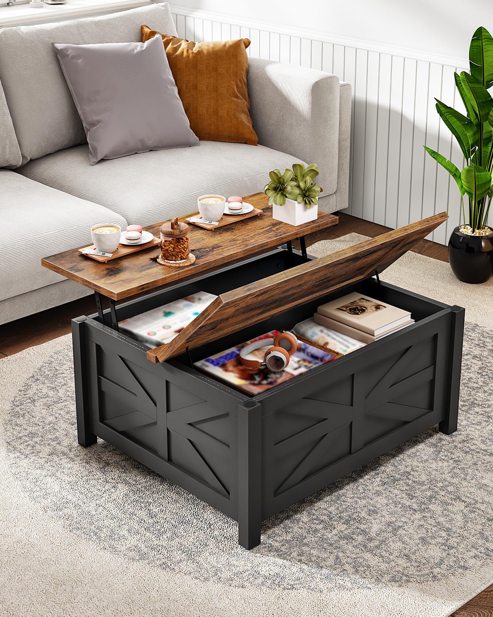 CHOEZON 31.5" Lift Top Coffee Table, Farmhouse Coffee Table with Charging Station and Storage, 2 AC Outlets and 2 USB Ports, Black and Rustic Brown