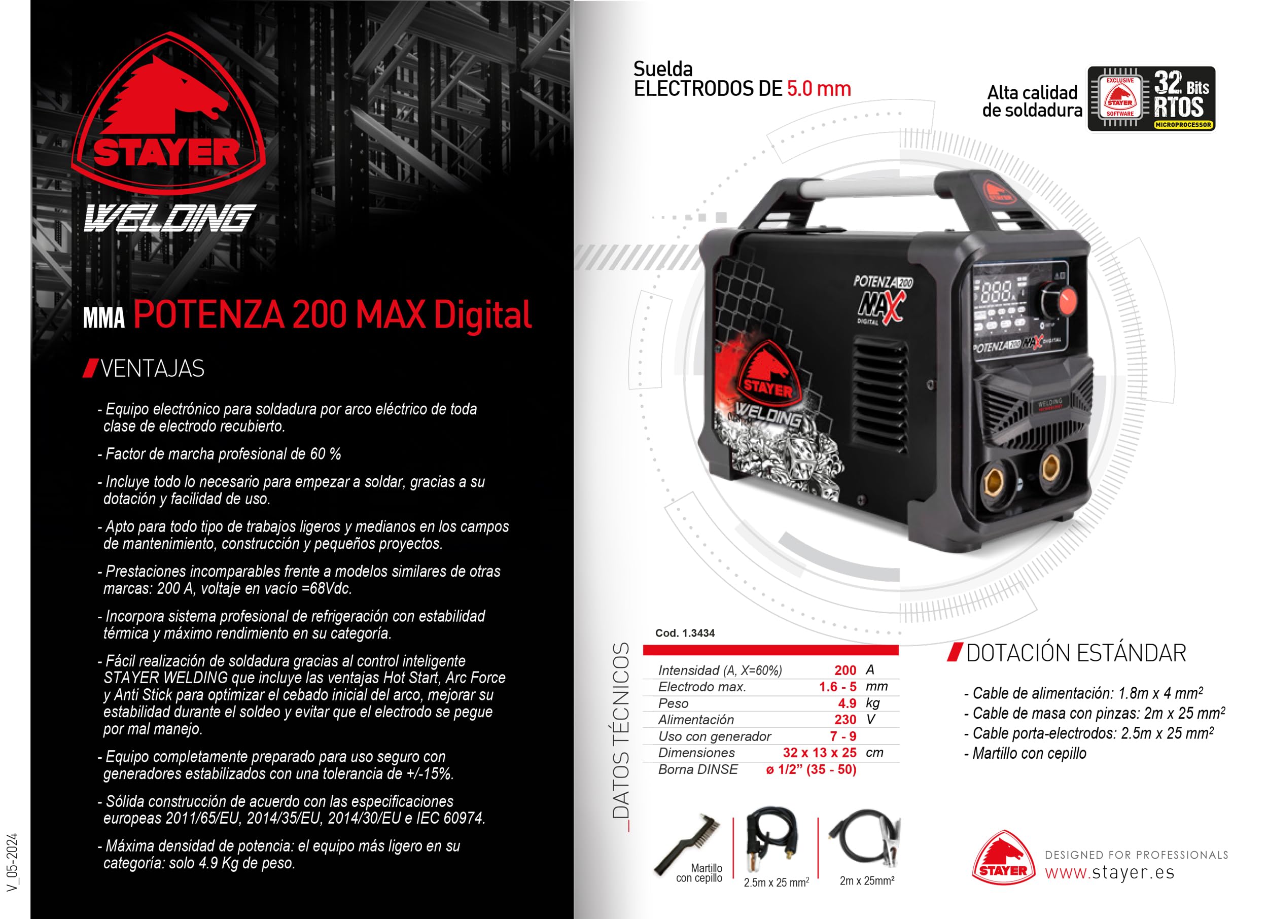 Equipo electrónico para soldadura por arco eléctrico de toda clase de electrodo recubierto. POTENZA 200 MAX Digital STAYER