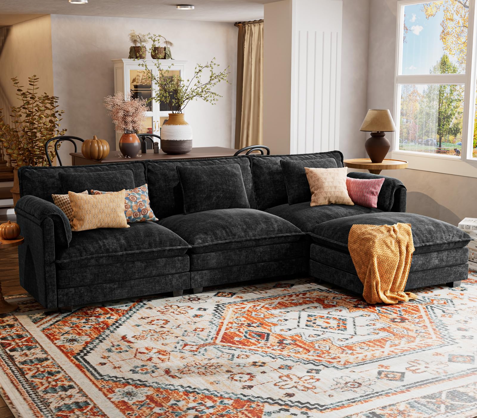 (Similar incomplete)ELUCHANG 113" Modular Sectional Sofa, Comfy Cloud Couch Deep Seat Sofa Couches for Living Room, Modern Sofa with Movable Ottoman and Throw Pillows, DIY Combination - Chenille Black