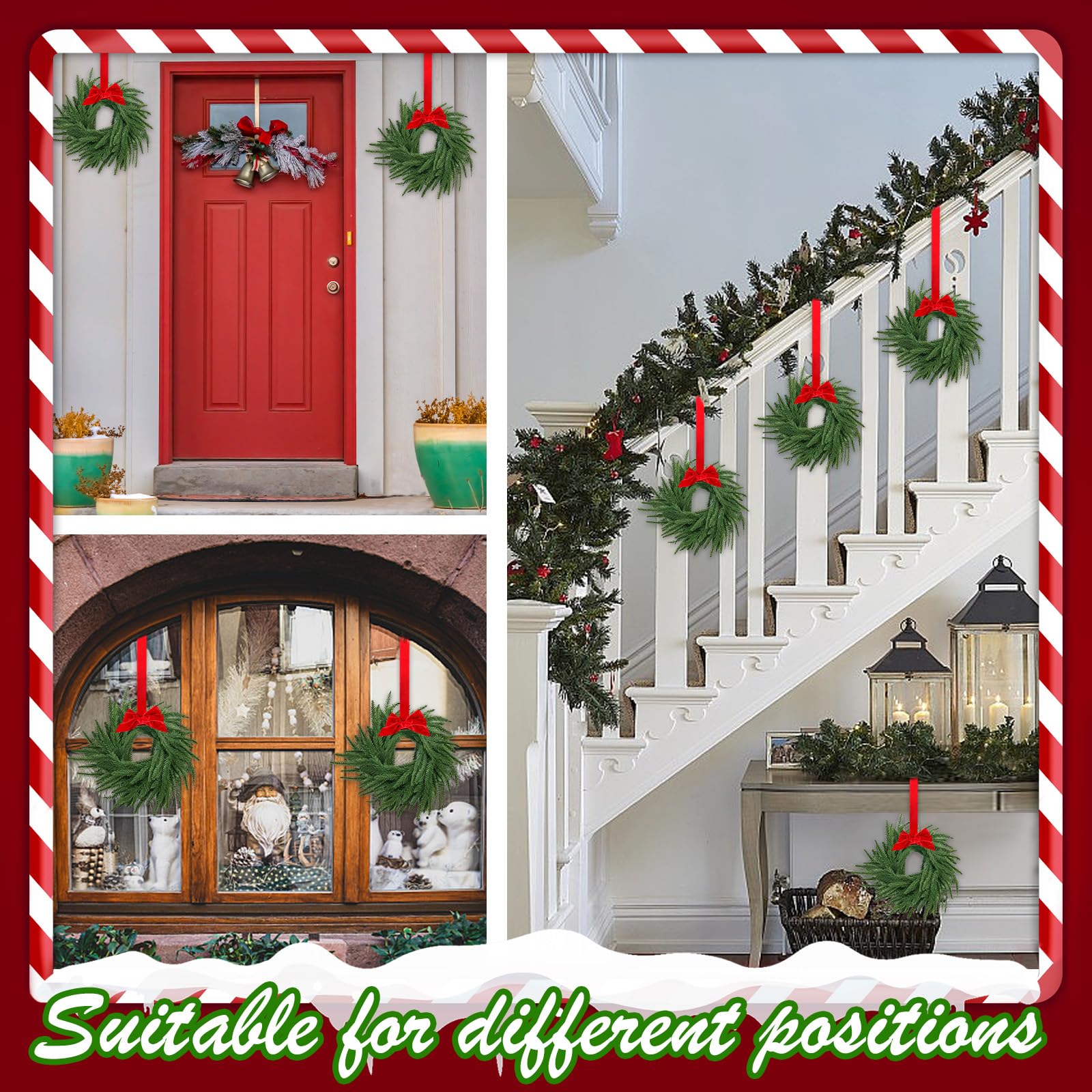 Paquete de 8 coronas pequeñas de Navidad Norfolk de 7.8 pulgadas para armarios de cocina con cinta de lazo de pino de Norfolk de tacto real, decoración colgante para ventana de Navidad, puerta