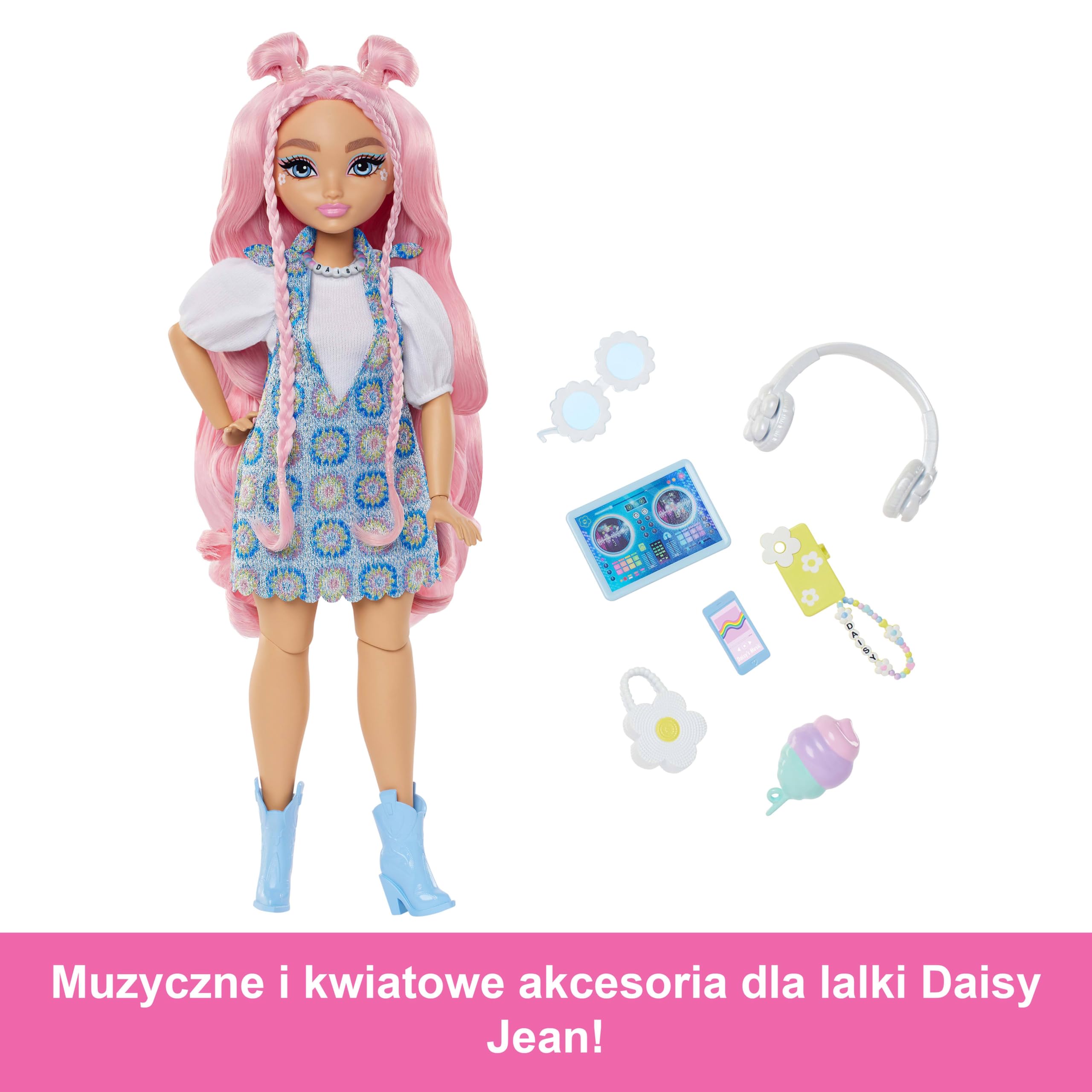 Barbie Lalka Dream Besties i akcesoria, ruchoma lalka Daisy Jean z wyjmowanymi modami i falującymi różowymi włosami, 9 utworów o tematyce DJ-skiej i muzycznej, JDD74