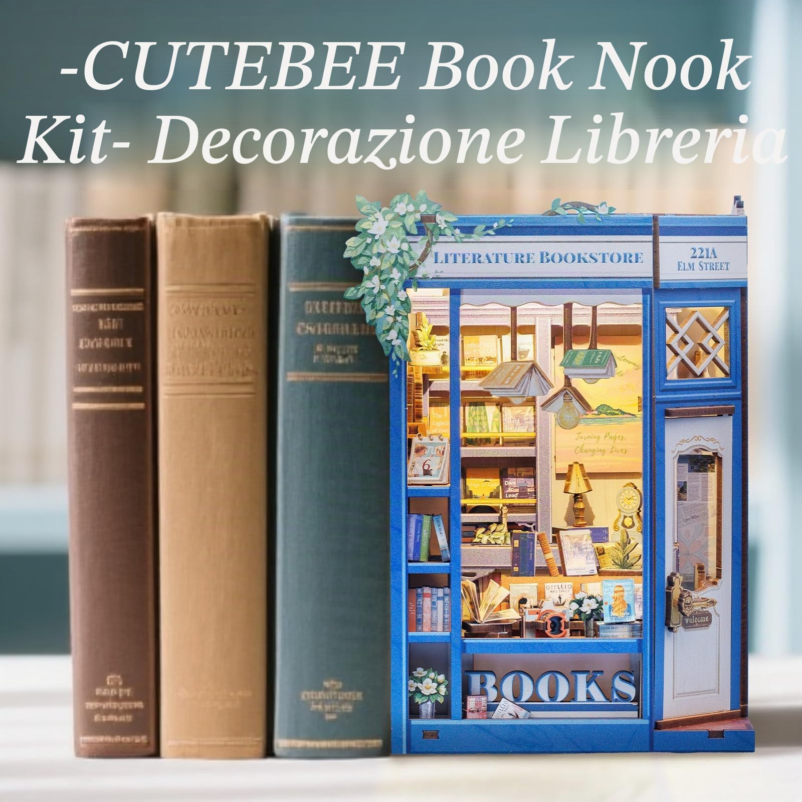 CUTEBEE Book Nook Kit: Kit Miniatura Fai da Te per Adulti, Puzzle 3D in Legno, Decorazione Casetta/Libreria (Literature Bookstore)