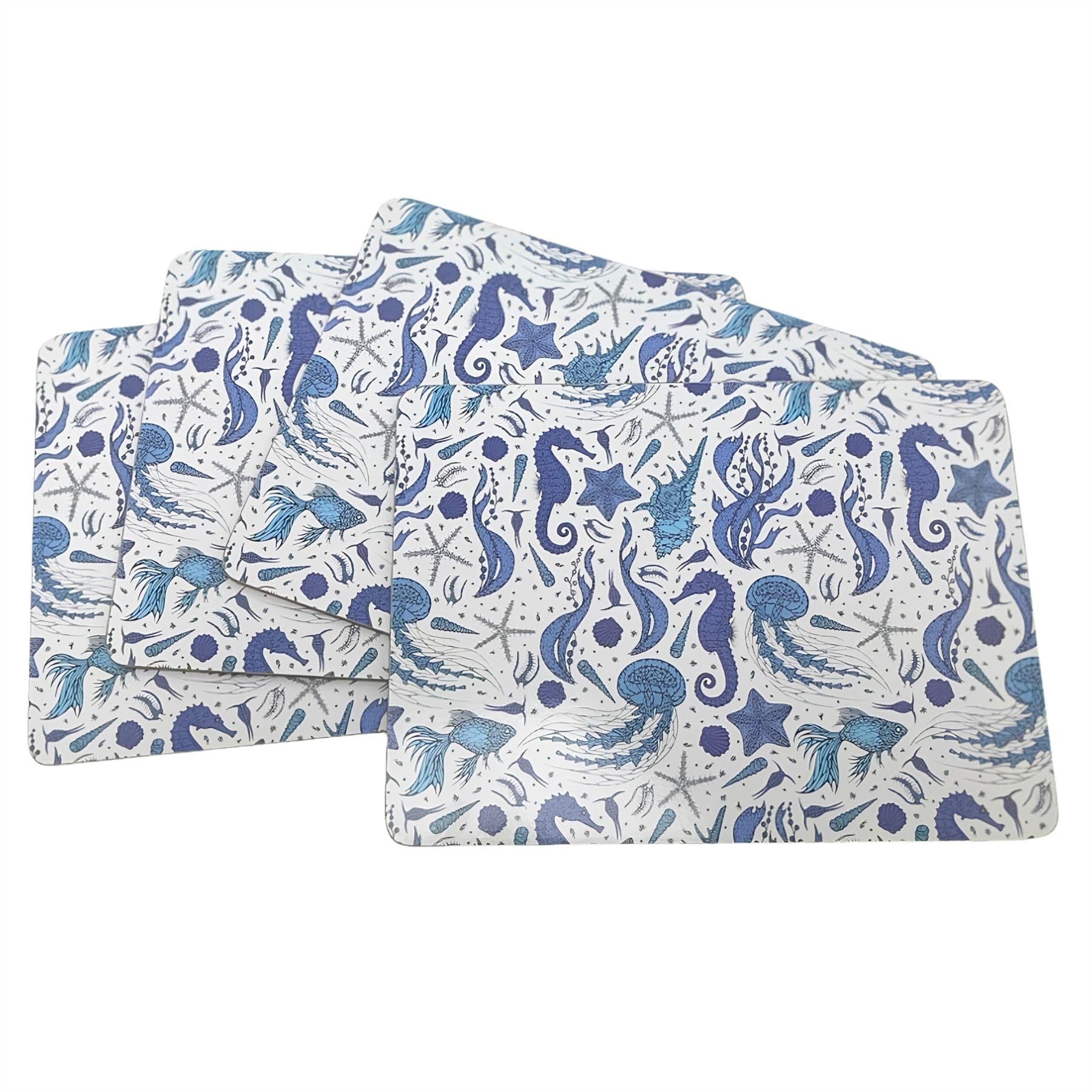 Sealife Set of 4 Cork Backed Placemats, 29x21.5cm Nautical Blue Sea Creature Table Mats, Rectangle Place Mats