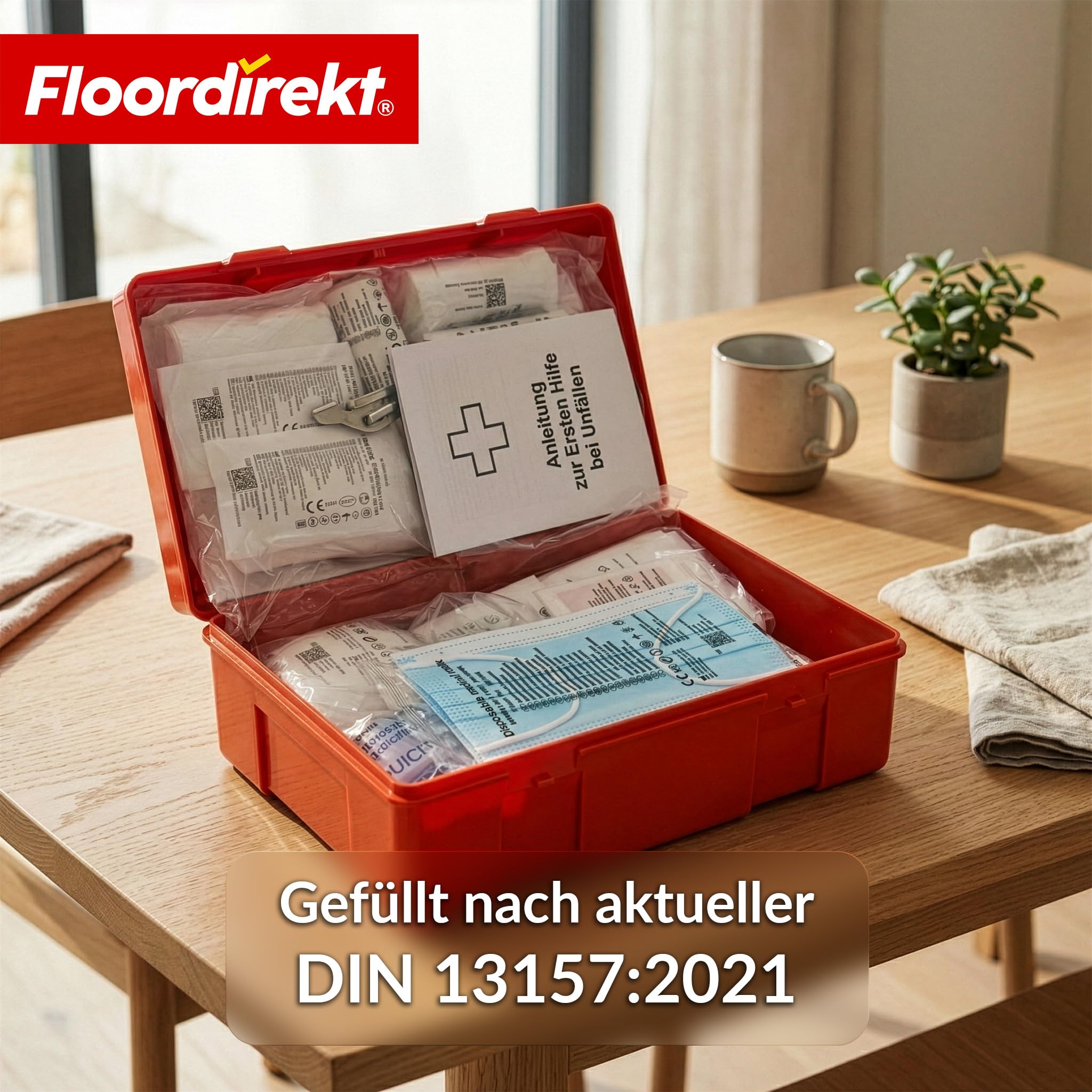 Floordirekt Erste Hilfe Kasten - DIN 13157:2021 - inkl. Wandhalterung, 5x Aufkleber & Plombe - Verbandskasten Betrieb - Erste Hilfe Koffer für Betrieb - Büro & Zuhause (Erste Hilfe Set)