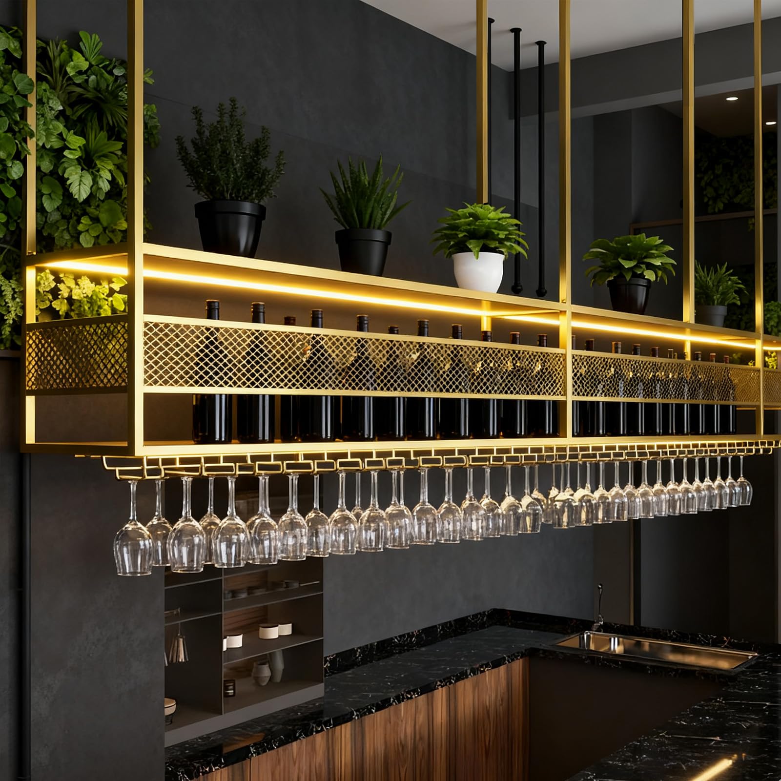 Plafond Bouteilles Suspendu,Porte-Verres à vin Suspendu en métal， Porte-Verres à vin Suspendu à 2 Niveaux, pour Bar, Restaurant, café et Cuisine (Or, 100cm) | Comprend un support pour verres, pour la cuisine et les bars, affichage et rangement