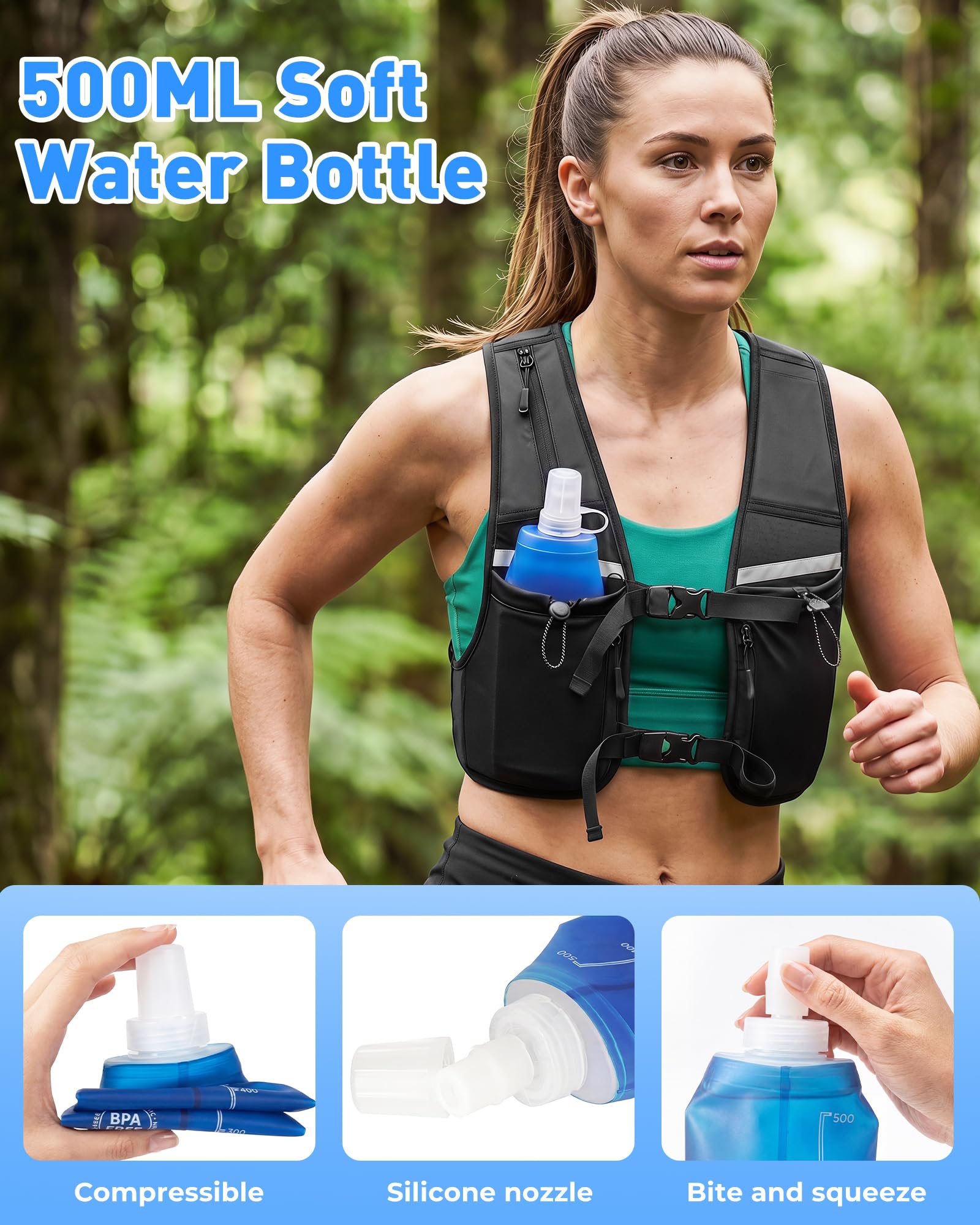 Gilet da corsa per uomo e donna, leggero, con borraccia morbida da 500 ml, cinghia toracica regolabile, zaino riflettente per corsa, ciclismo e fitness