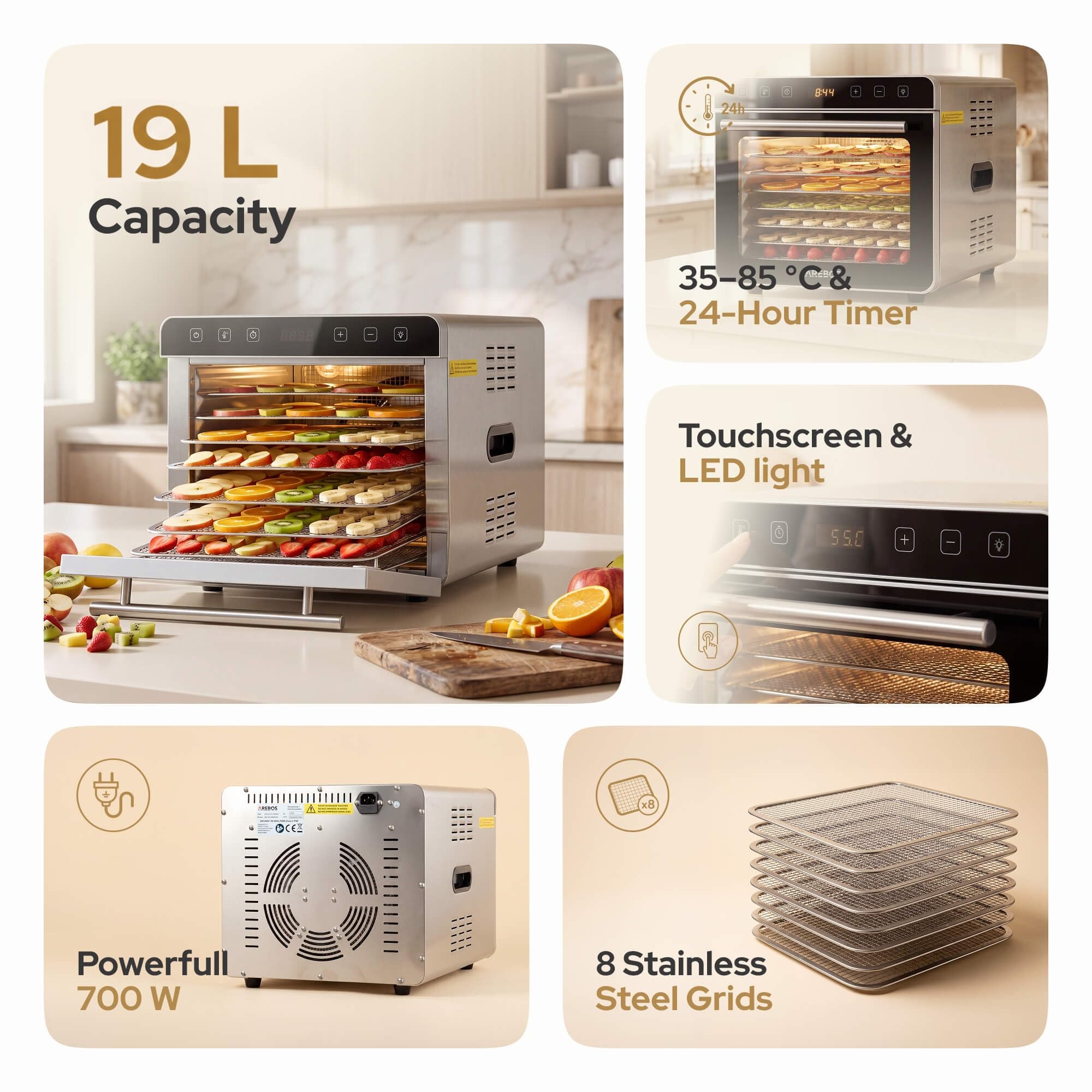 Arebos Deshidratador de Alimentos de Acero Inoxidable 700 W | 8 Bandejas de Acero Inoxidable | Capacidad 19 L | Pantalla Táctil, Luz LED, Temporizador 24 h, 35-85 °C | Fruta, Carne, Hierbas
