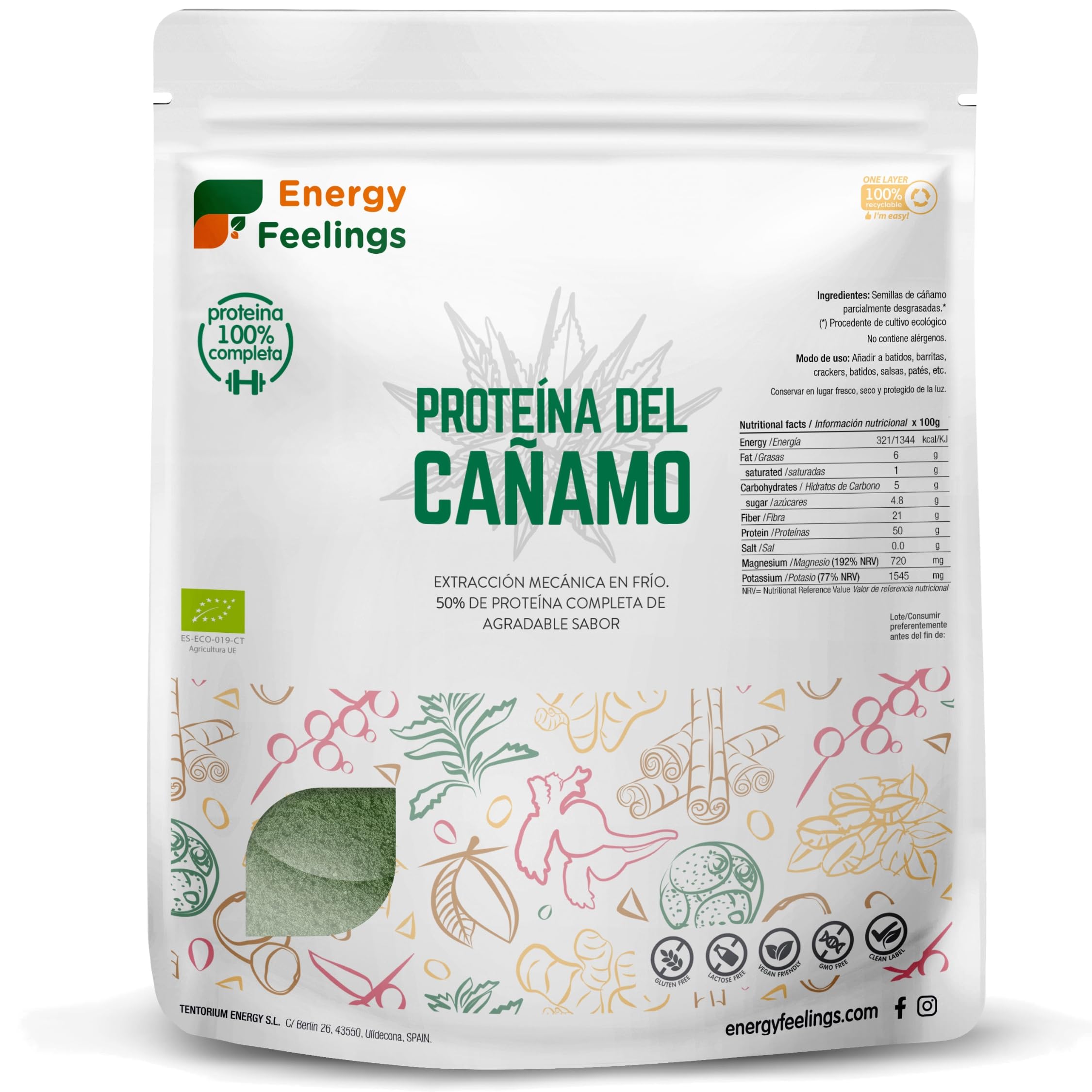 Energy Feelings Protéine Végétale Bio de Chanvre 50% Goût Neutre 1 kg, Poudre de Protéine Vegan pour Musculation, Sans Lactose, Sans Sucres Ajoutés, Vegan Protein Powder