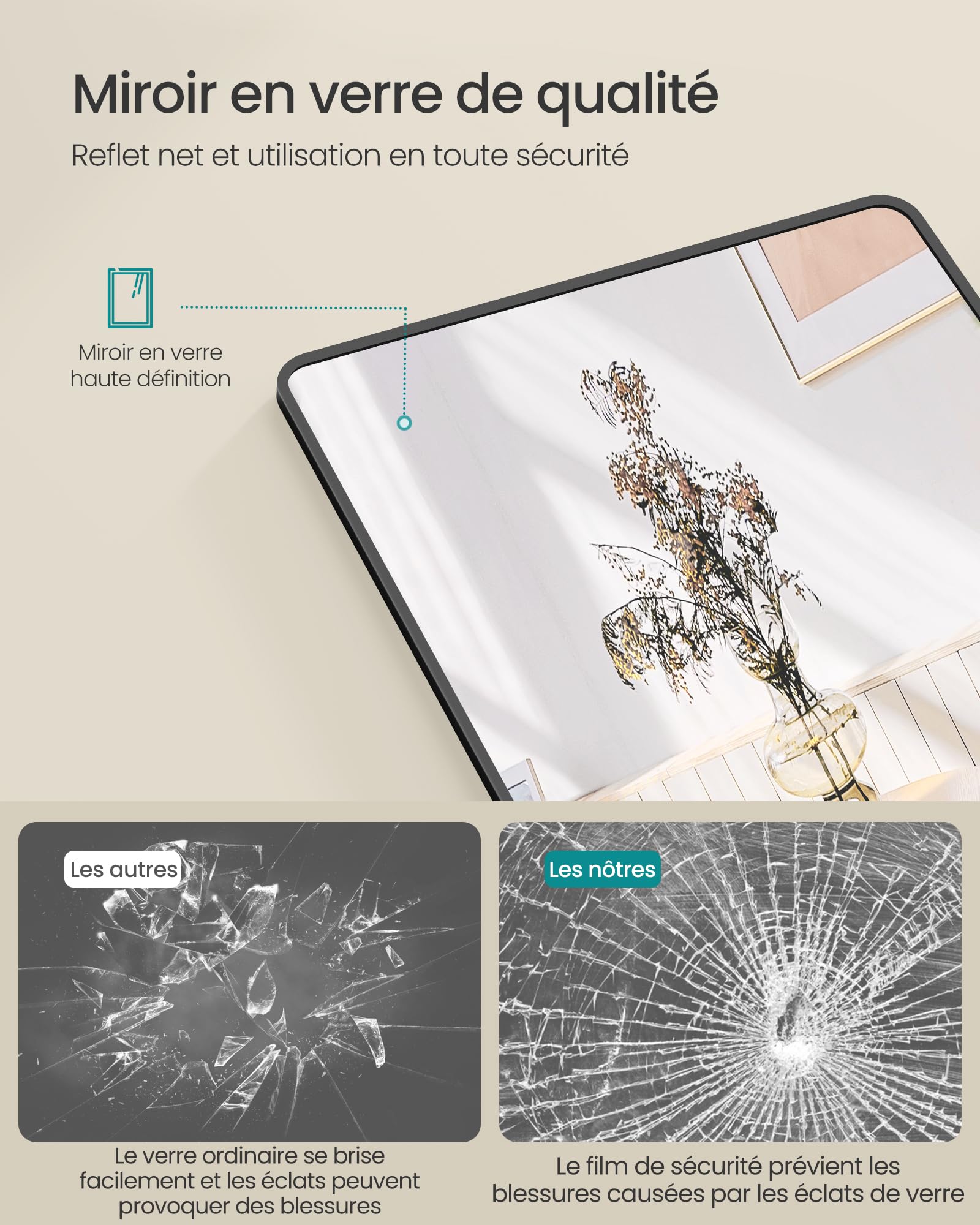 SONGMICS Miroir Intégral Suspendu, 120 x 40 cm, Miroir Rectangulaire, Cadre en Alliage d'Aluminium, Verre Trempé, pour Chambre, Salon,Dressing, Noir d'encre LFM032B01