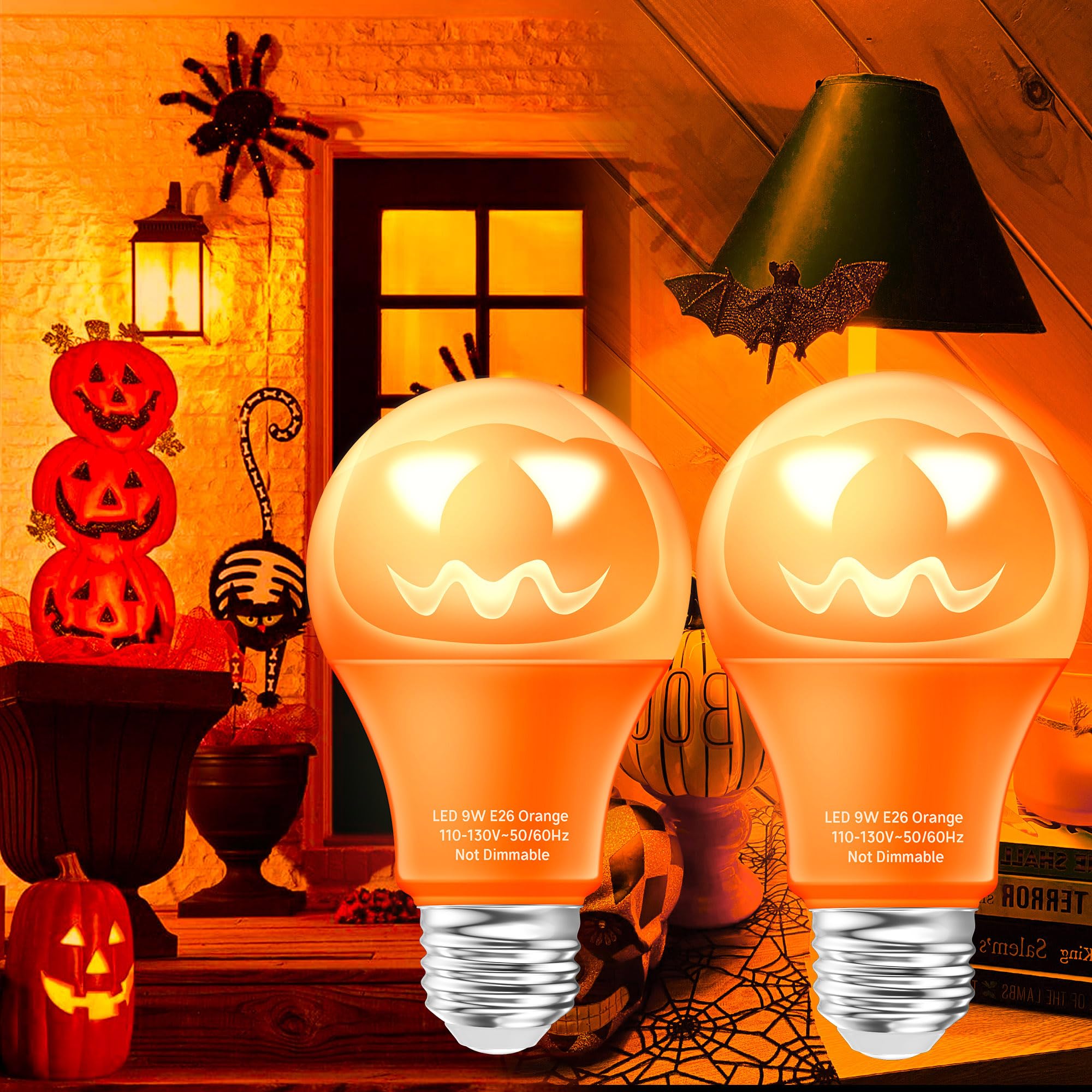 Orange Light Bulbs, A19 Halloween LED Light Bulbs 9W Replace up to 60W, E26 Base, Colored Light Bulbs for Porch, Home Party Lighting, 2 Packs