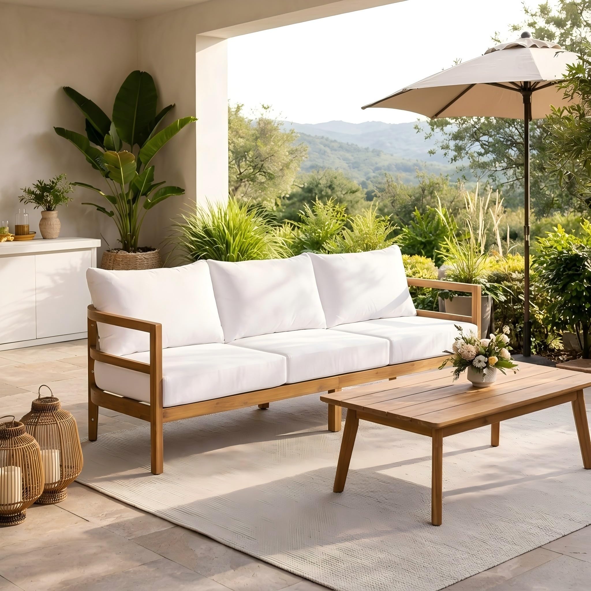 Christopher Knight Home Outdoor Patio 3 Seater Sofa, Acacia Wood Deep Seating Patio Couch with Armrest, Cushions & Backrest, Mid-Century Modern Outdoor Furniture for Backyard Balcony Deck, Teak+White