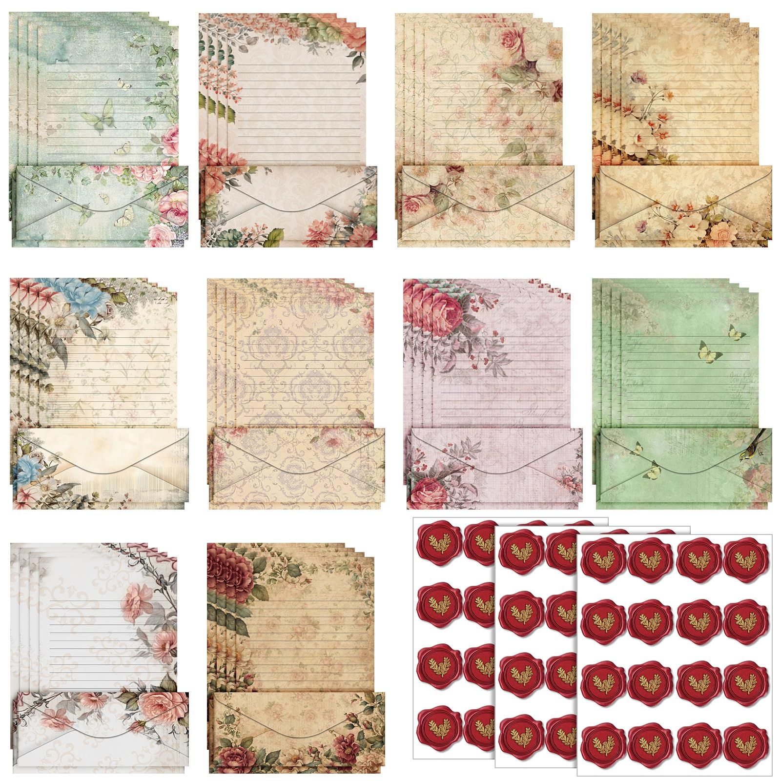 TaoBary 160 Pcs Stationery Paper Set 50 Double Sided Stationery Papers with 50 Matching Envelopes and 60 Round Dot Sticker, 10 Design(Vintage Floral,8.5 x 11 Inch)