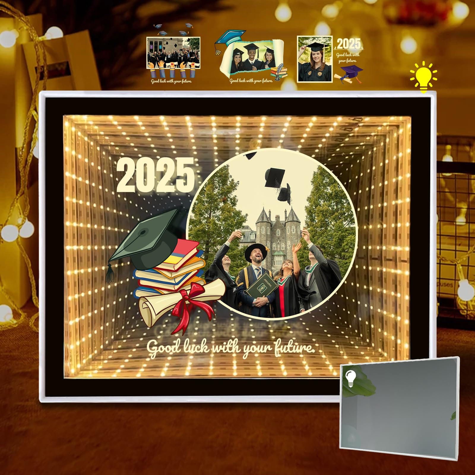 Personalized Infinity Mirror Tunnel Light with Photo/Text, Custom Graduate LED Night Light 3D Magic Mirror Desktop Photo Frame with Light, Home Decor Makeup Mirrors Gifts for Friends Classmates — image 1