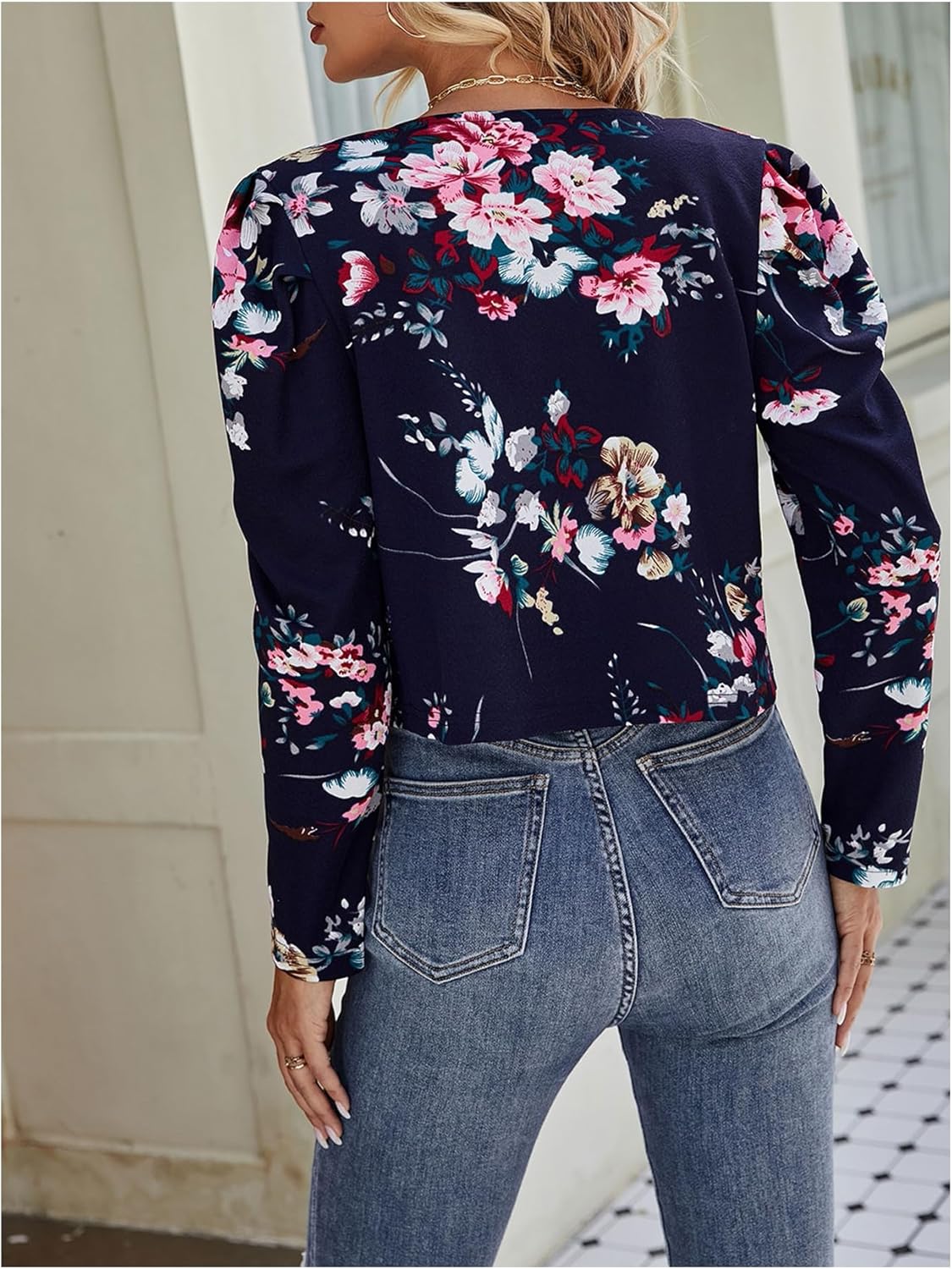 OYOANGLE Women's Floral Print Gigot Long Sleeve Open Front Jacket Lightweight Cropped Outwear - Image 2