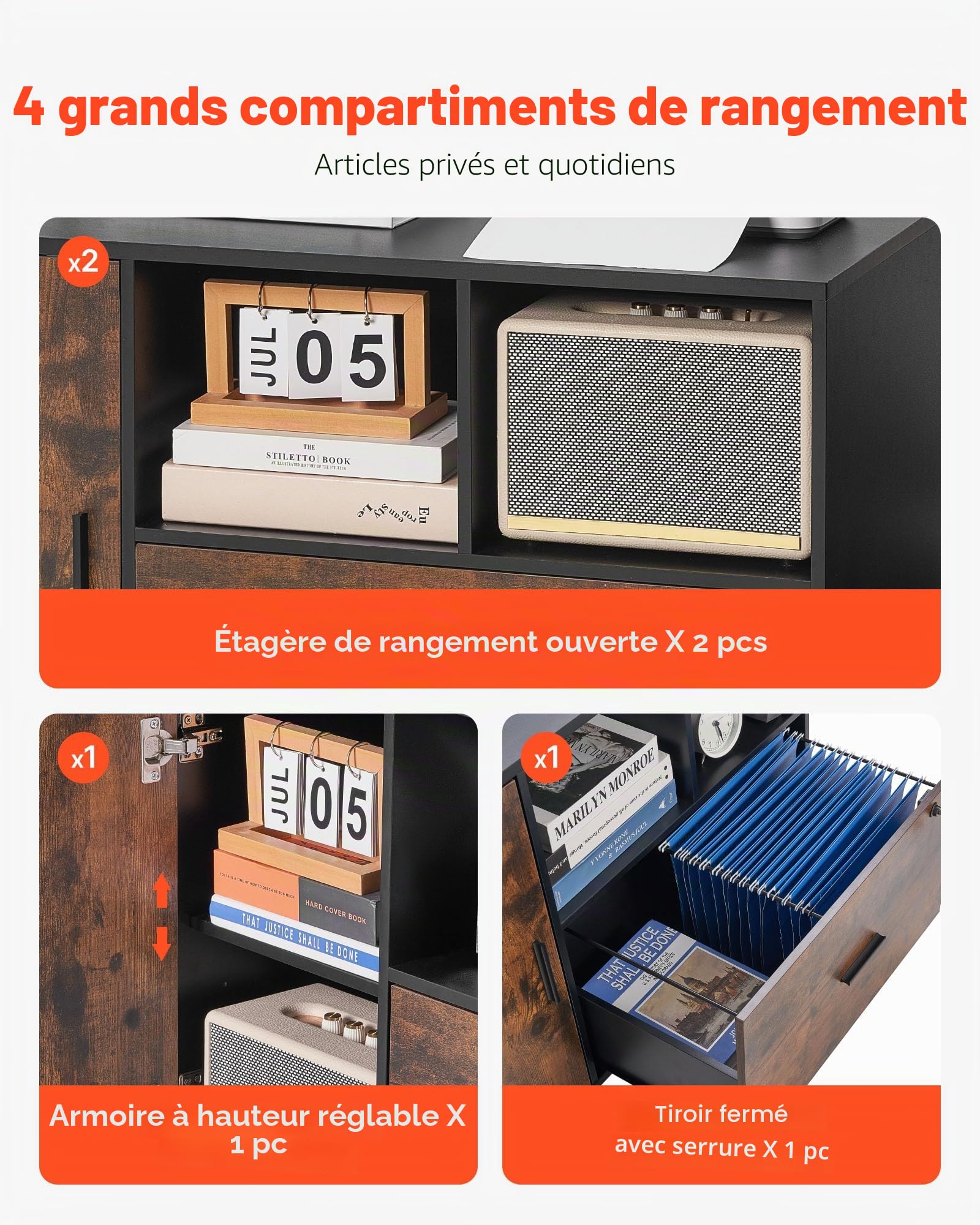 VEVOR Classeur Dossier Mobile en Bois, Meuble de Rangement de Bureau avec Étagères Ouvertes et Tiroir Verrouillable, Support d'Imprimante Autonome, pour Maison, Bureau, École, Marron Rustique