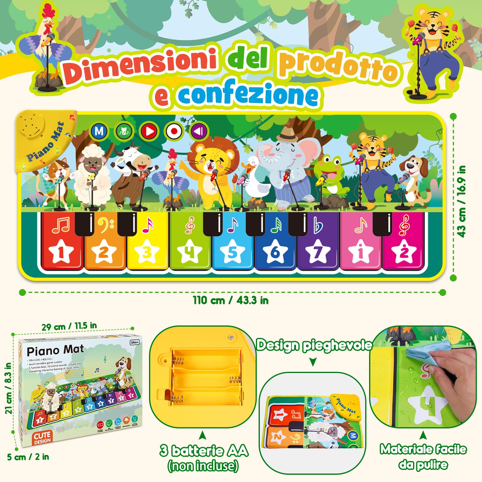 Giochi Bambini 1 2 Anni, Tappeto Pianoforti Con 10 Suoni Di Animali Giochi Regalo Gioco Bambino Bambina 1 2 Anno, Giocattoli Interattivi Regalo Bimbo Bimba 1-3 Anni Pianoforti e Tastiere